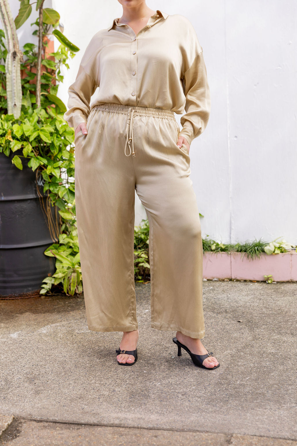Gina Gold Satin Pants for Women - Elegant High Waist Palazzo Trousers for Party, Wedding & Evening Wear