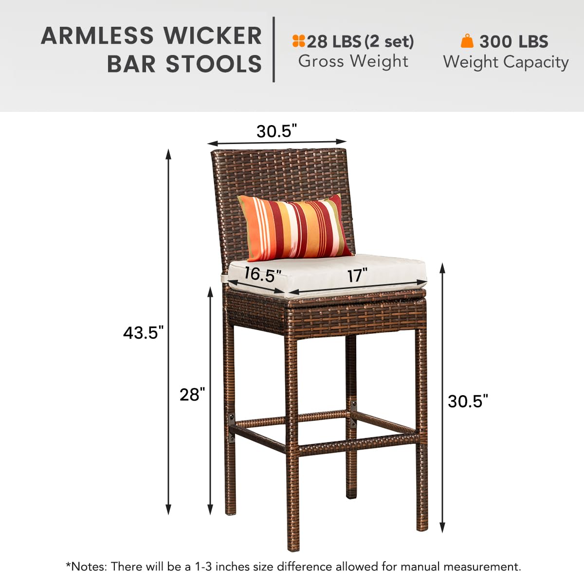 Sundale Outdoor Wicker Bar Stool Set of 4 - 30 Inch Rattan Counter Height Stools with Backrest & Beige Cushions - Brown Steel Frame Patio Furniture for Poolside, Deck, or Outdoor Dining Areas
