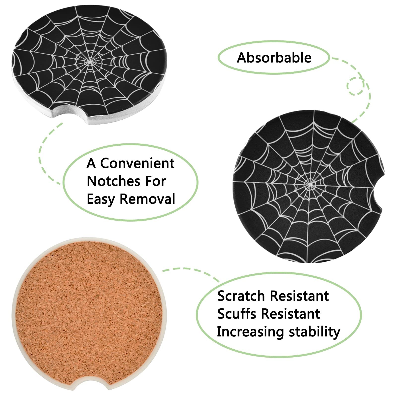 Goth Spider Web Car Coasters 2 Pack - 2.5 Inch Unisex Non-Slip Cup Holder for Cars, Water Absorbent & Detachable - Perfect for Halloween Decor, Gothic Style Vehicles & Coffee Lovers