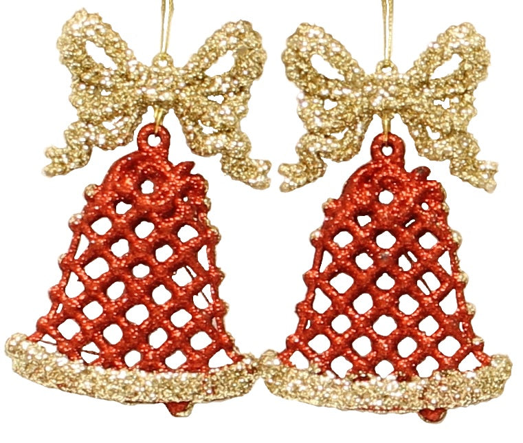 2 Pack of Glitter Christmas Bell Ornaments - White, Red & Gold Holiday Decorations for Tree, Wreath, Gift Wrapping & Party Decor