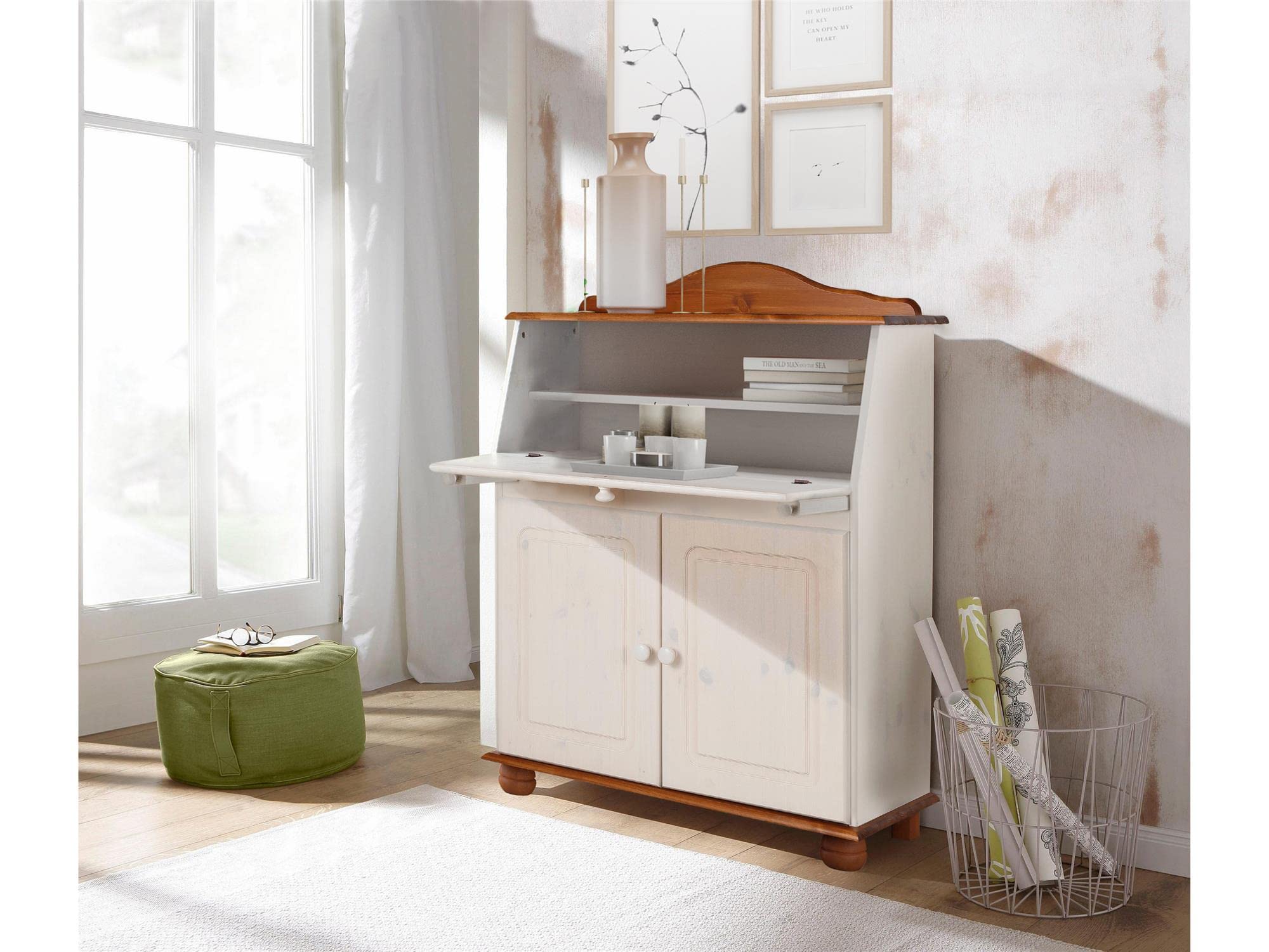 REALROOMS Chester Solid Wood Storage Desk with Bottom Closed Storage Cabinet - White & Honey Finish | Home Office, Study Room, Dormitory Furniture for Organization & Workspace