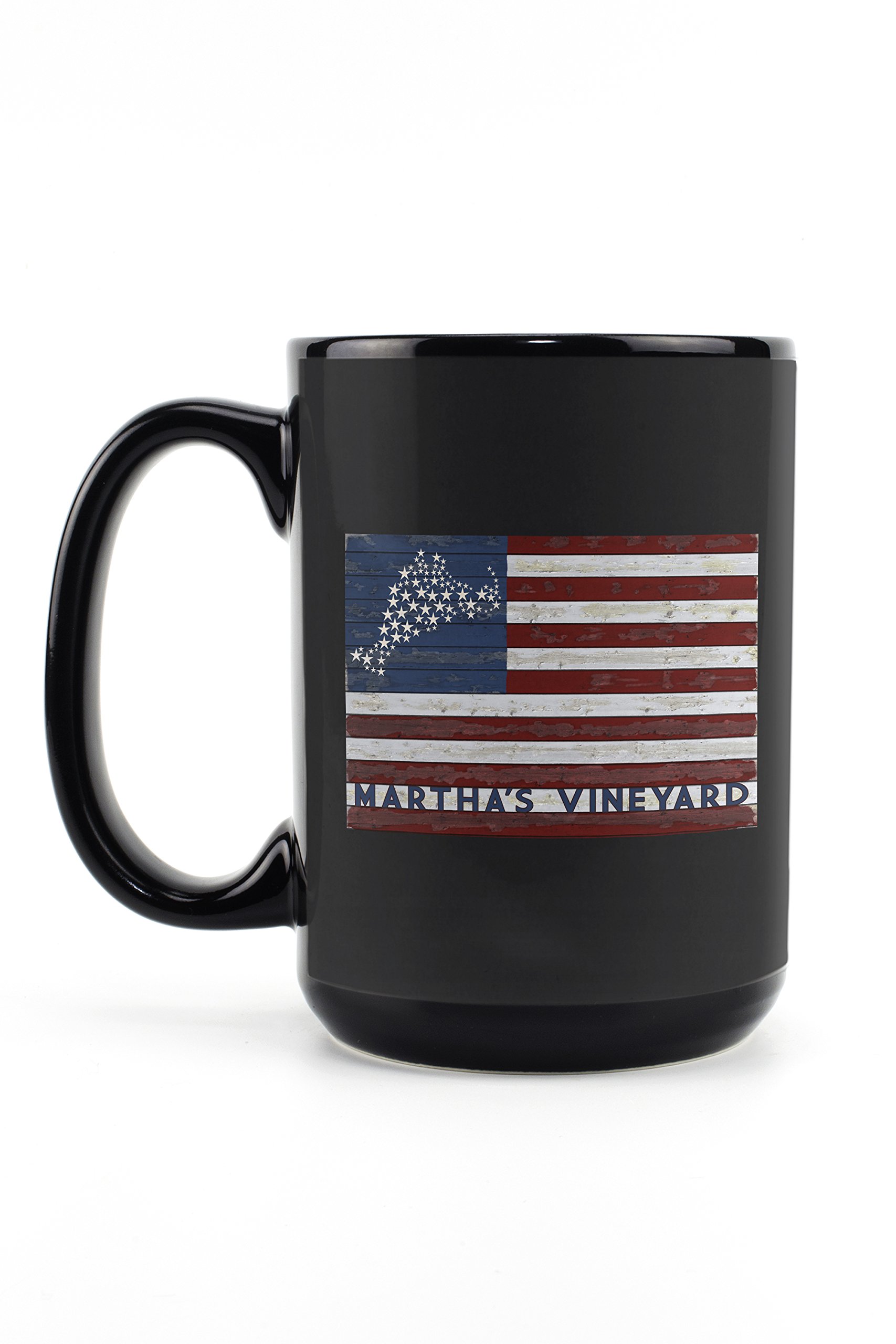 Lantern Press Martha's Vineyard Massachusetts Distressed Flag 15oz Black Ceramic Coffee Mug - Microwave & Dishwasher Safe - Perfect for Home, Office & Outdoor Use