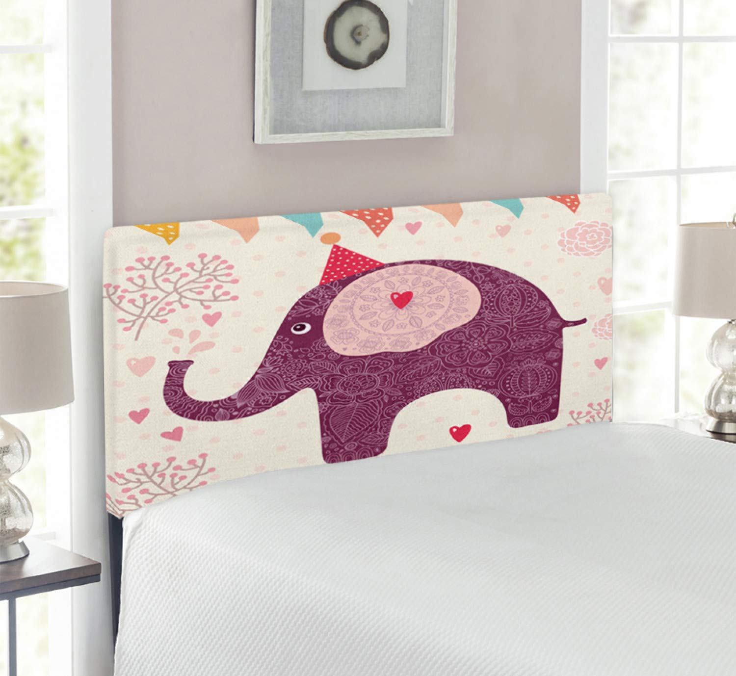 Ambesonne Twin Size Upholstered Headboard with Memory Foam - Purple Paisley Elephant Design with Party Cones, Hearts & Flags - Decorative Metal Bed Frame for Birthday Party Decor & Kids Room