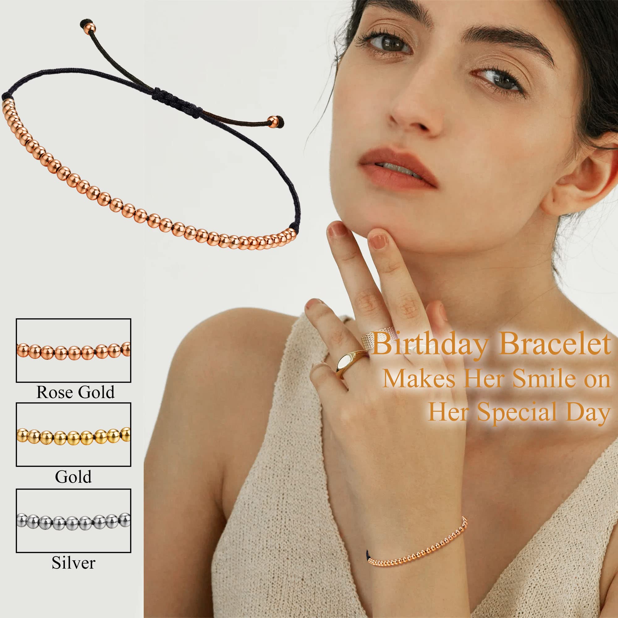 Birthday Bracelets for Women - Adjustable Beaded Jewelry Gifts for Teen Girls, Daughter, Girlfriend, Wife, Sister & Best Friend - Silver, Gold & Rose Gold Link Strand Bracelet - Perfect for Birthdays, Christmas & Anniversaries - Elegant Gift for Her on Special Occasions