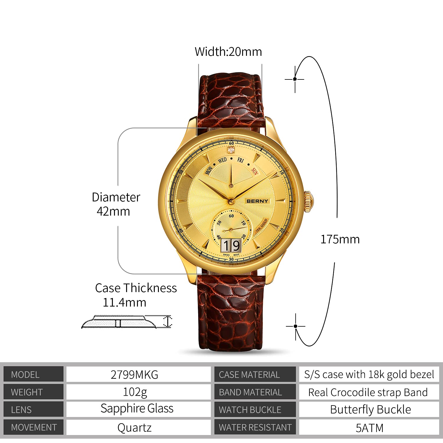 BERNY Top Luxury 18K Gold Men's Swiss Quartz Watch - Elegant Dress Watch for Business, Formal Events & Special Occasions