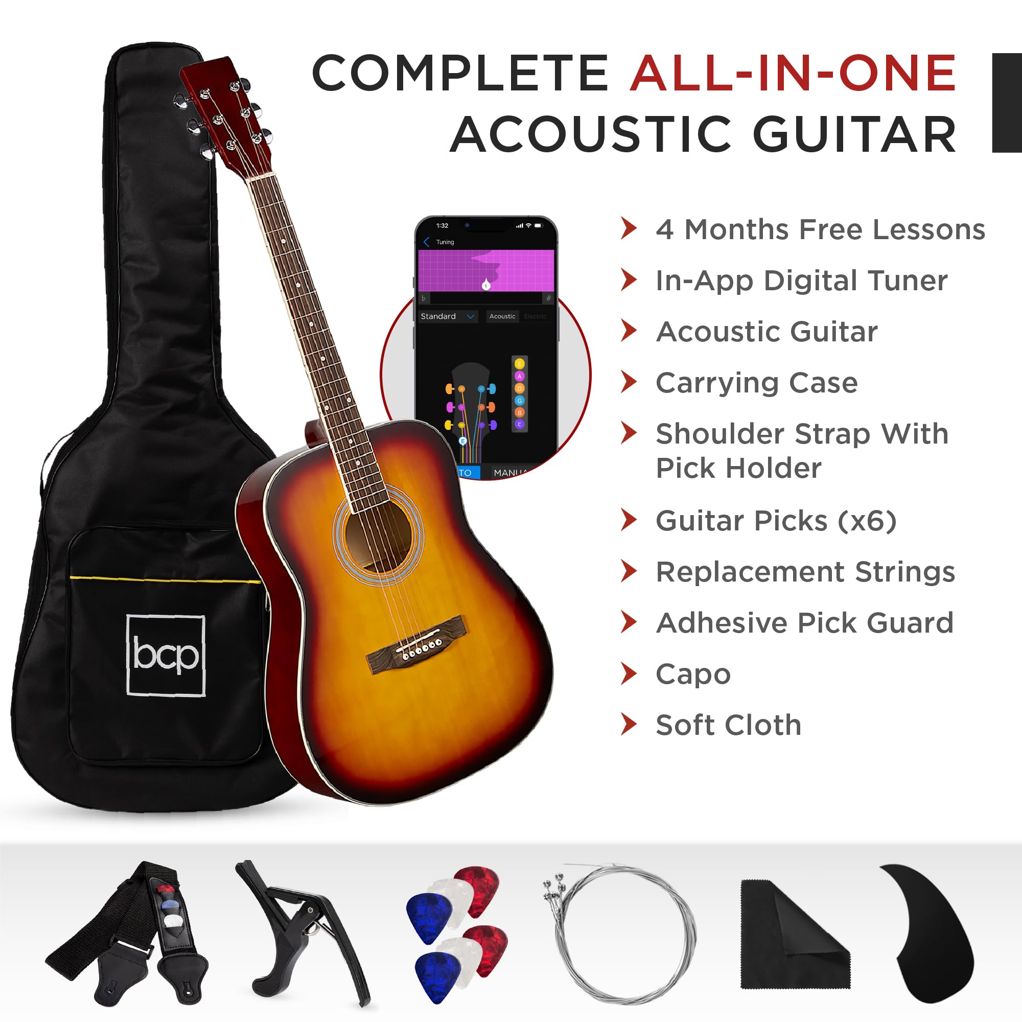 Best Choice Products 41-Inch Full-Size Beginner Acoustic Guitar Starter Set with Gig Bag, Strap, Capo, Strings & Picks - Sunburst Finish | Perfect for Beginners, Practice, Performances & Gifts