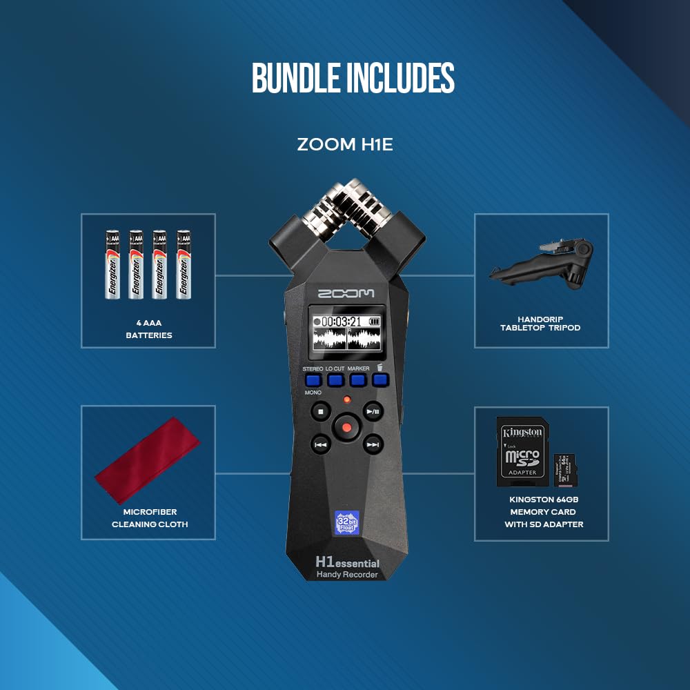 Zoom H1 Essential Stereo Handy Recorder - Portable Audio Recorder with 32-Bit Float, USB & X/Y Microphone, 64GB SD Card, Tripod & AAA Batteries - Perfect for Music Recording, Vlogging, Podcasting & Film Making