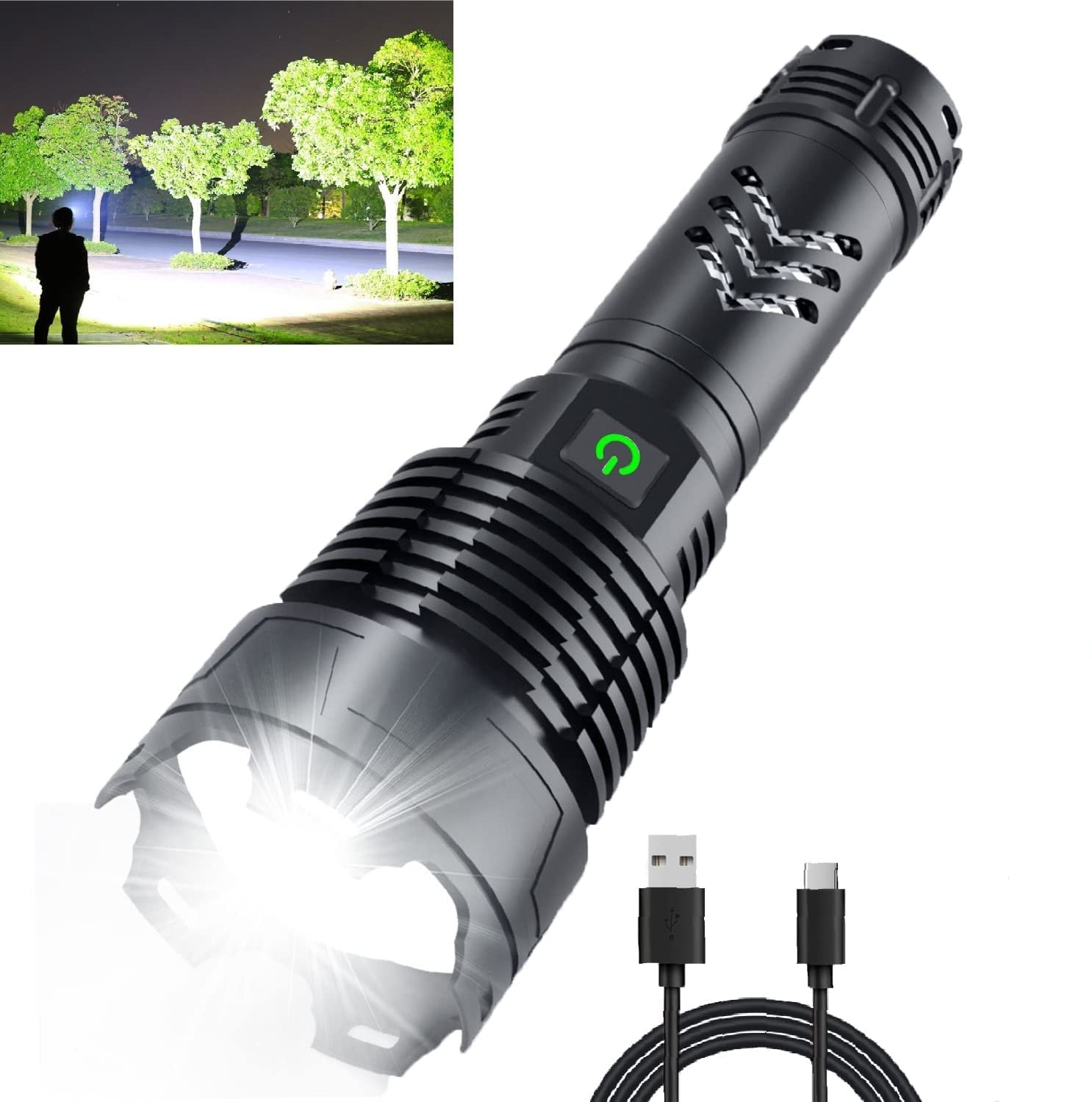 120,000 Lumens Rechargeable LED Tactical Flashlight - Super Bright, 5 Light Modes, Zoomable, IPX5 Waterproof, Fast Charging - Perfect for Outdoor Camping, Hiking, Emergency Preparedness & Power Outages