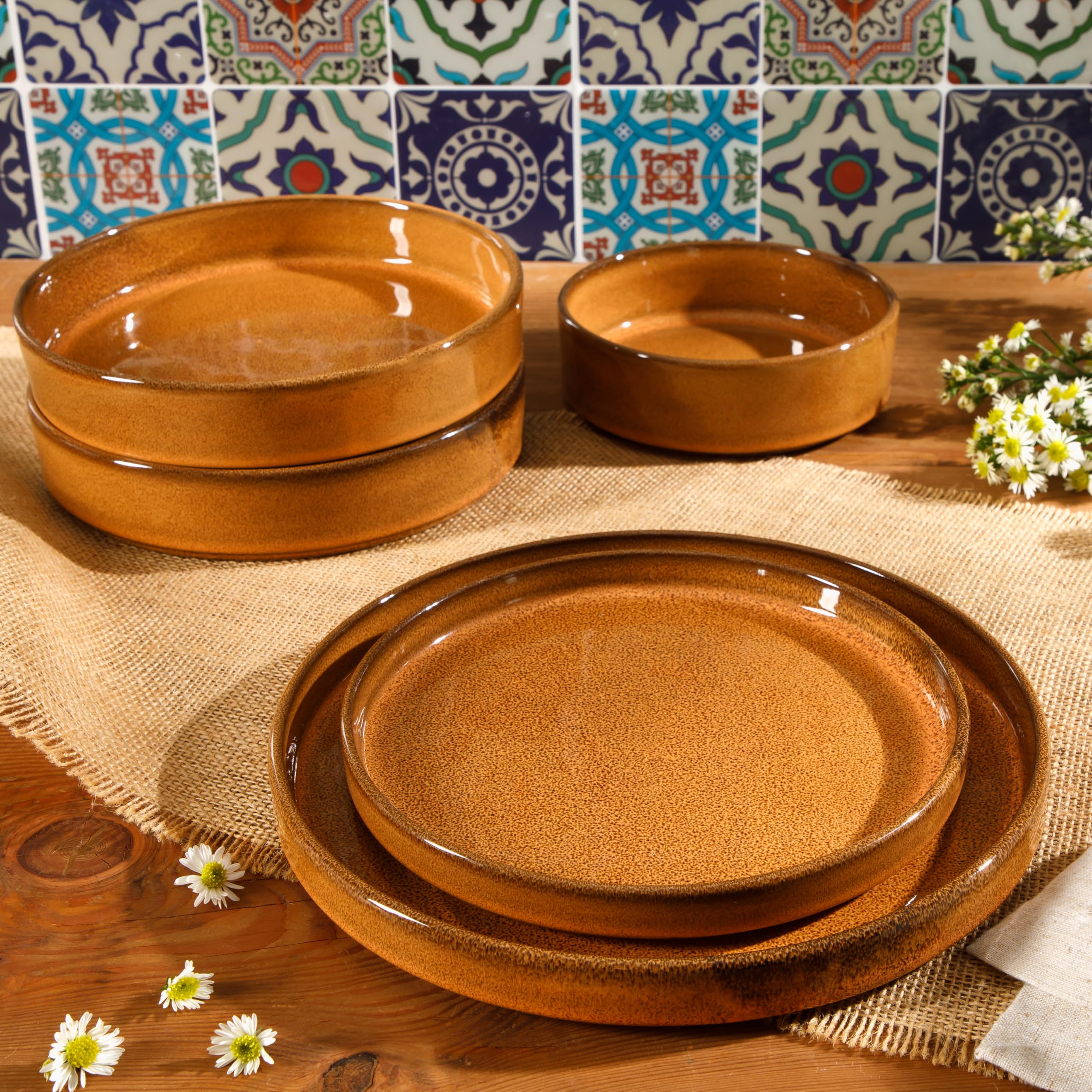 Oprah's Favorite Santorini Mist Terracotta Reactive Glaze Dinnerware Set - 16-Piece Double Bowl Plates & Bowls in Amber (Service for 4) | Elegant Table Setting for Mediterranean Dining & Entertaining