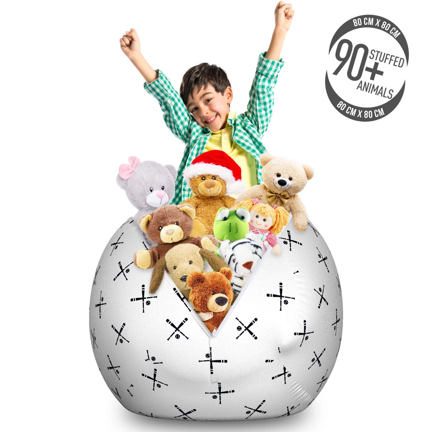 Ambesonne Baseball Toy Storage Bag & Chair - Large Washable Stuffed Animal Organizer with Monochrome Bats & Balls Design - Perfect for Kids' Room, Sports Gear Storage & Playroom Organization (Black & White)