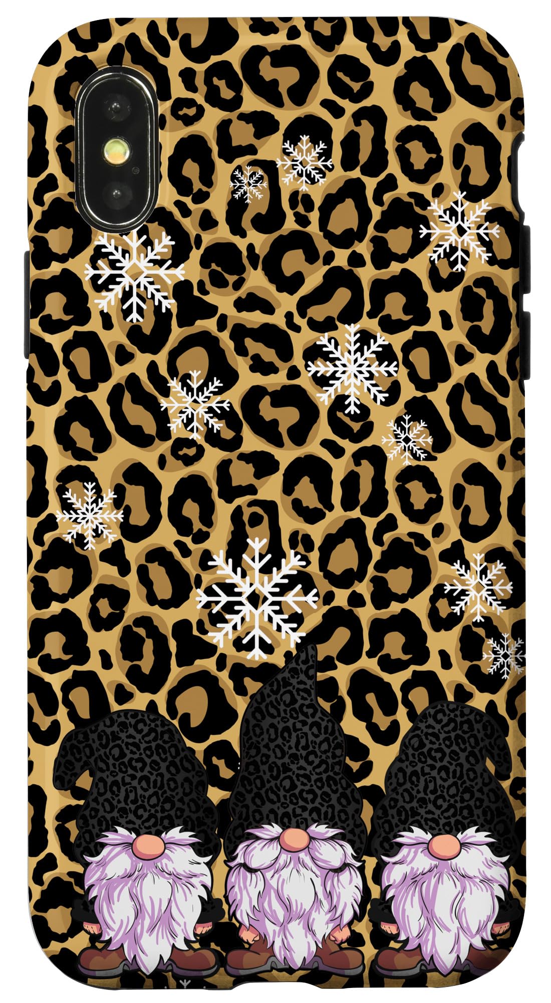 iPhone X/XS Christmas Phone Case - Leopard Skin Print with Three Gnomes Design | Cheetah Pattern Protective Cover for Holiday Gifts & Winter Travel Accessories
