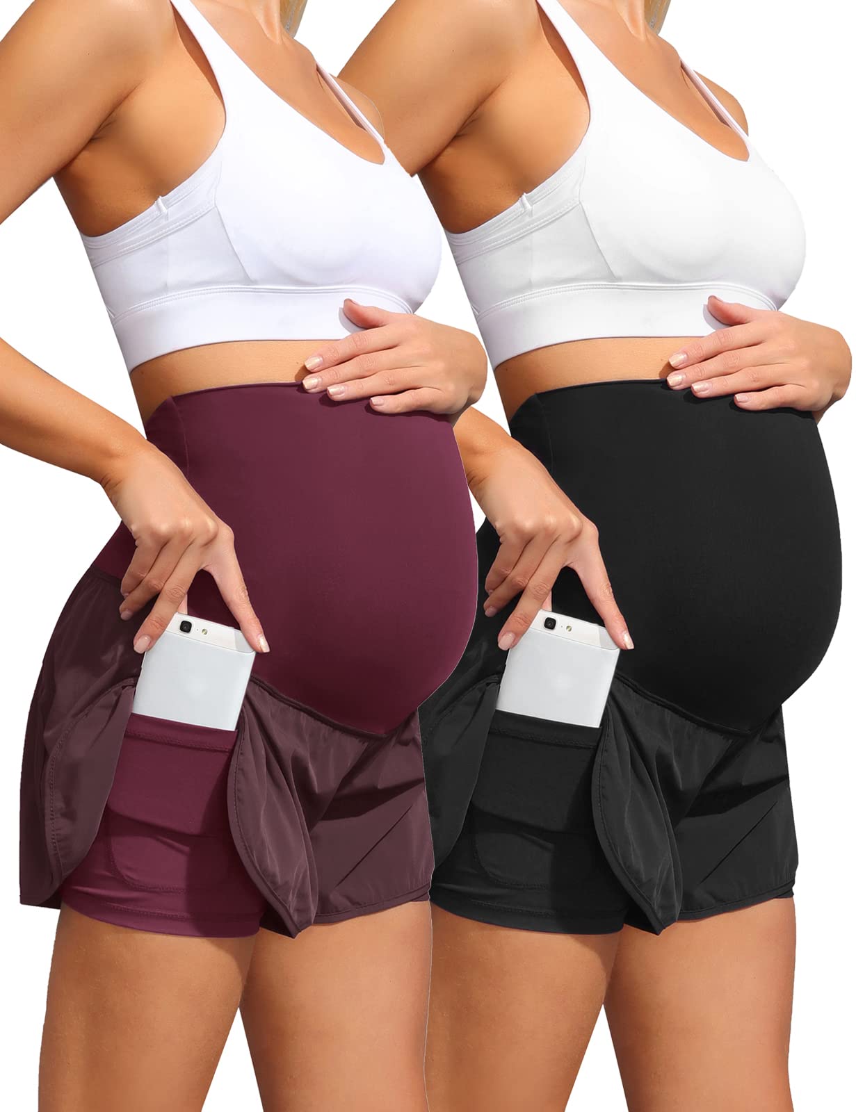 Maacie Women's Maternity Yoga Shorts - Quick Dry Layered Workout Shorts with Inner Liner & Pockets - Perfect for Pregnancy Exercise, Gym & Lounge Wear
