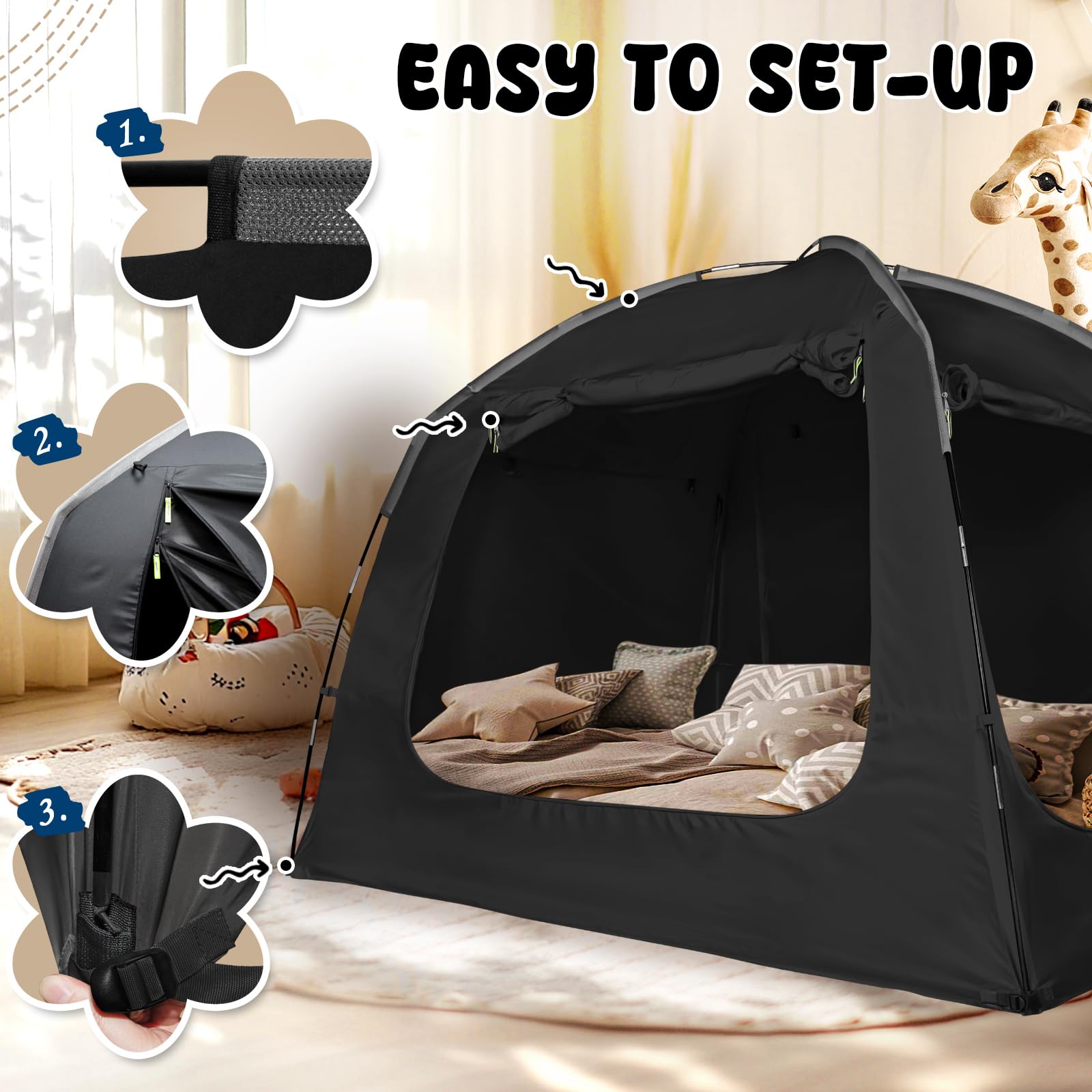 Breathable Bed Tent Canopy for Adults & Kids - Light Reduction Sleeping Dream Tent with String Lights - Indoor Portable Big Space - 4 Doors - Fits Twin, Full, Queen & King Size Beds - Perfect for Camping, Sleepovers & Privacy at Home