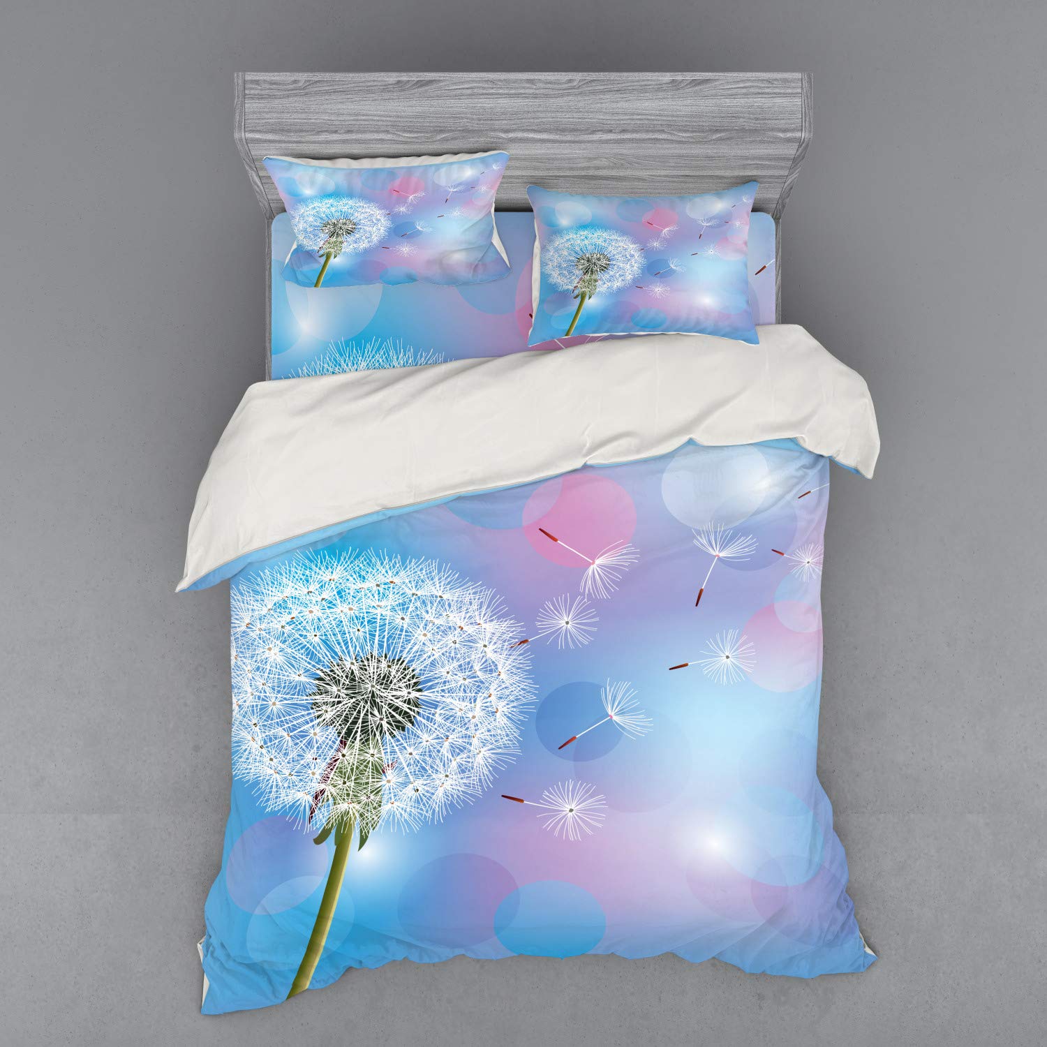 Ambesonne 4-Piece Queen Duvet Cover Set - Bokeh Dandelion Floral Design with Wind-Blown Gardening Plants, Sky Blue Pale Pink Green Bedding Set with Shams & Fitted Sheet | Perfect for Spring Bedroom Decor, Guest Room Makeover & Cozy Home Styling
