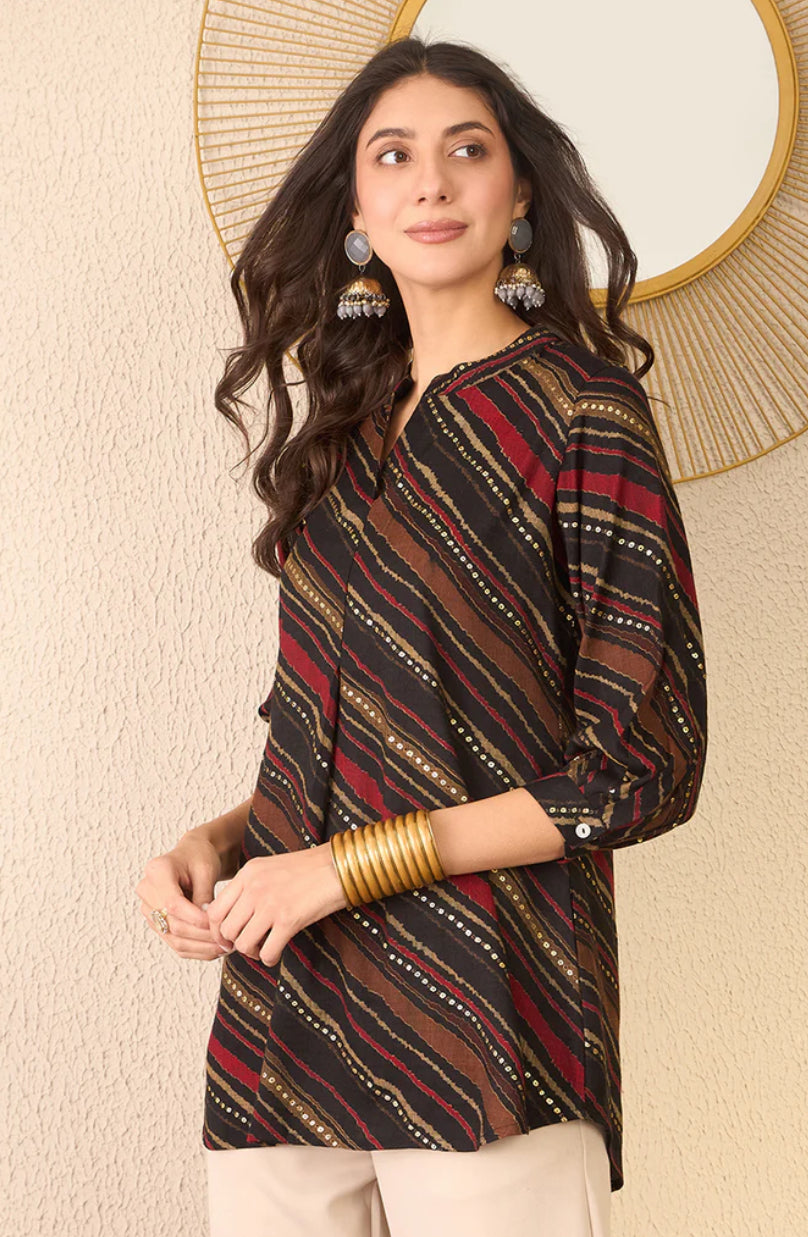 Stylish Black Cotton Blend Leheriya Printed Tunic Top for Women | Comfortable & Fashionable Casual Wear | Perfect for Office, Party & Daily Outfits