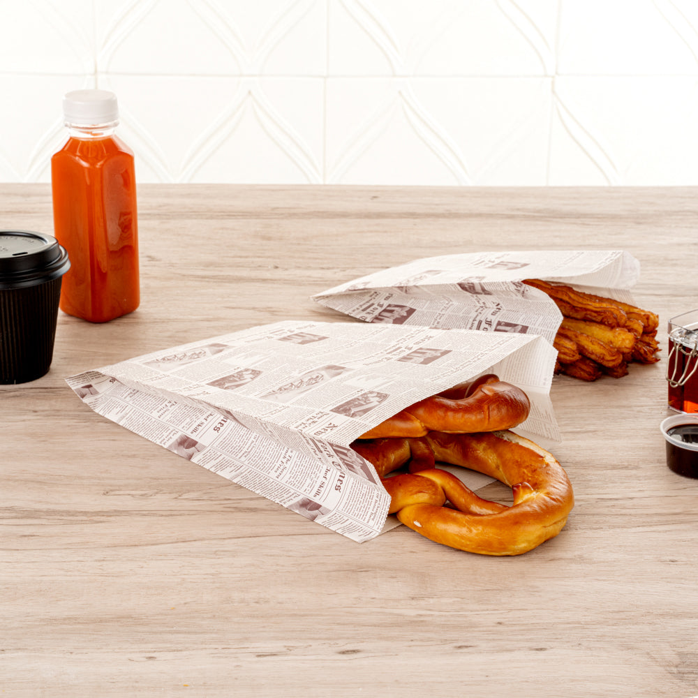 Eco-Friendly Sepia Newsprint French Fry & Snack Bags - 7x3x11 Inches, 100 Count Bulk Pack - Perfect for Food Trucks, Movie Nights & Party Snacks