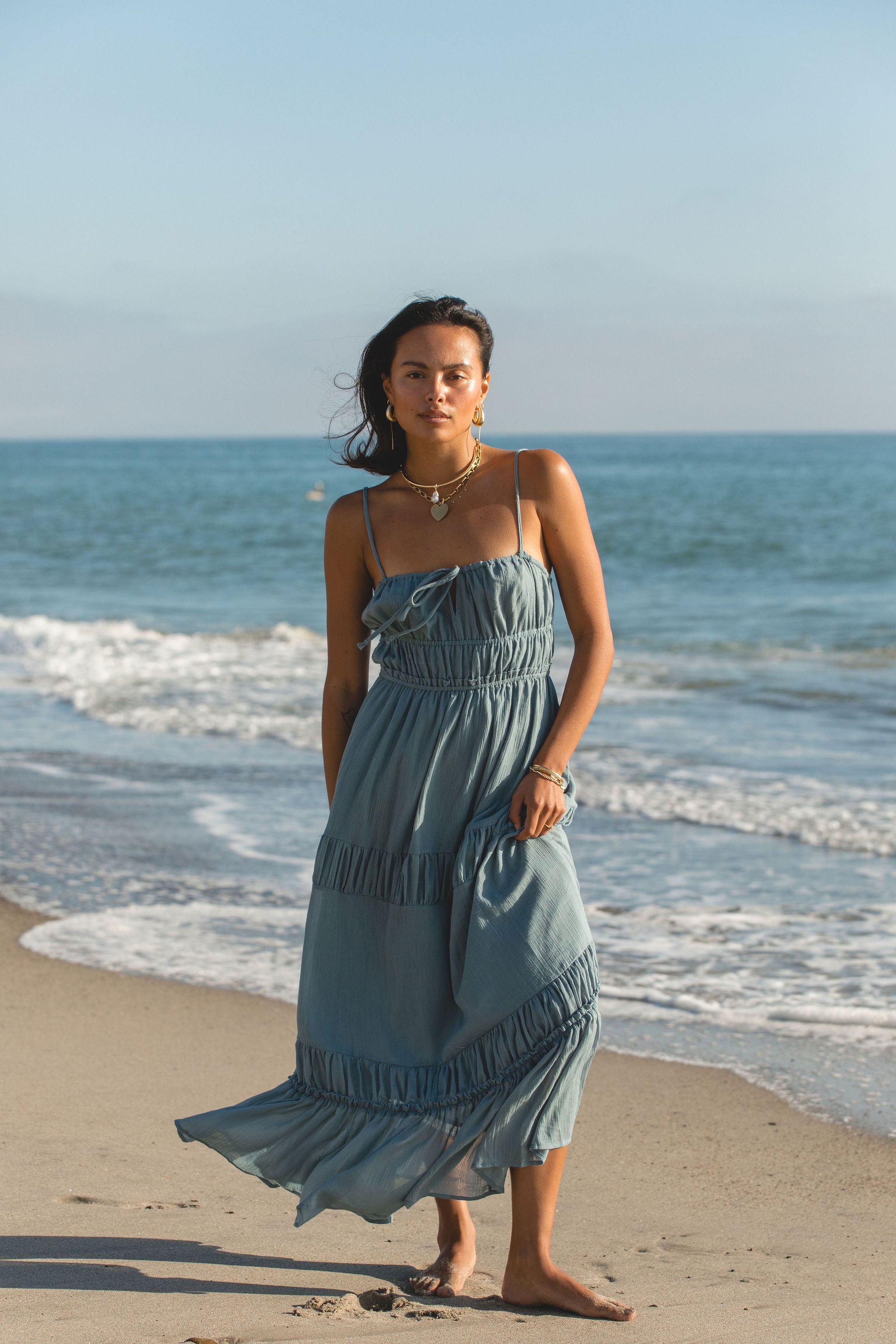 Salt Air Woven Cotton Midi Dress - Women's Summer Beach Dress with Pockets, Breathable & Comfortable for Vacation, Outdoor, and Casual Wear
