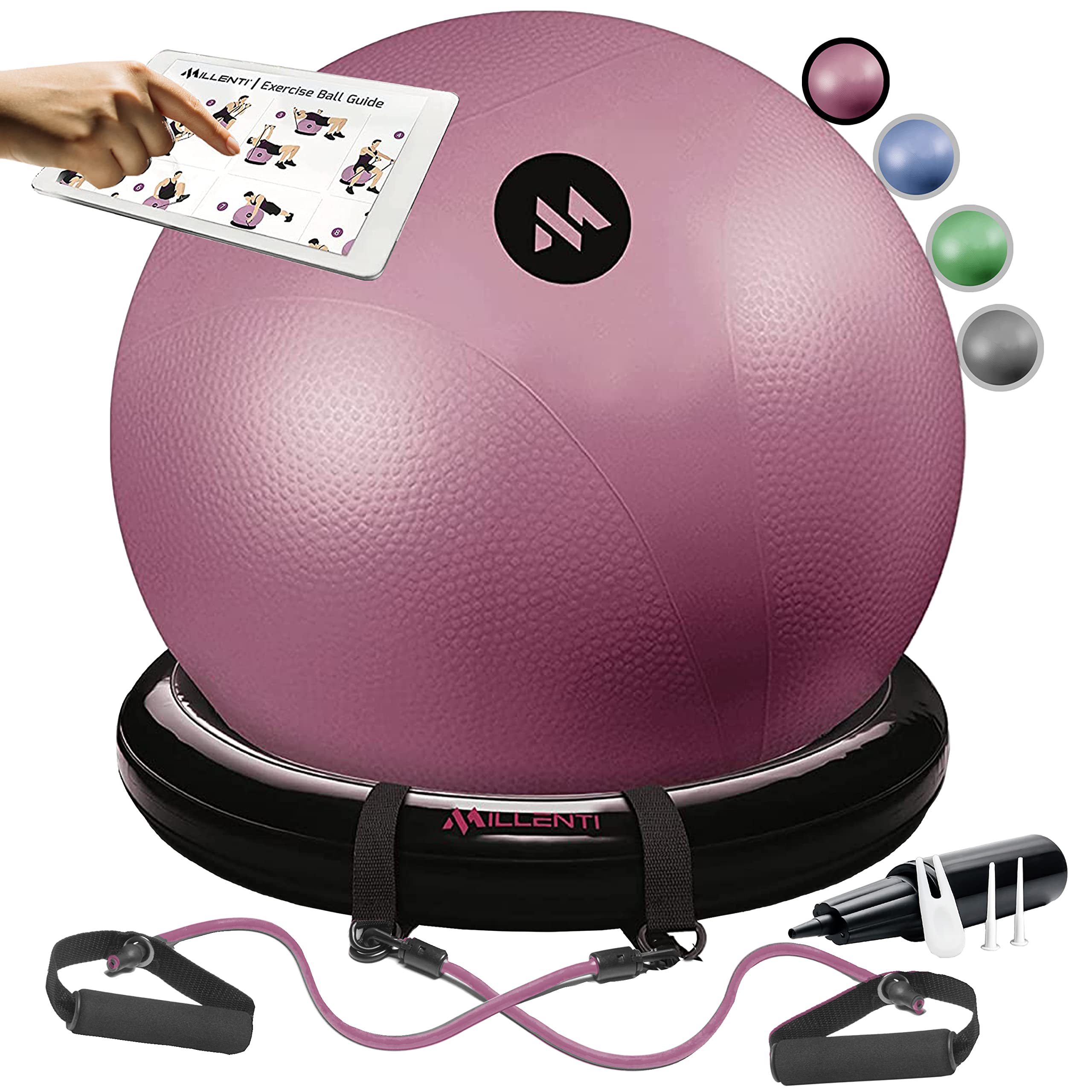 Millenti 65cm Exercise Ball Chair with Stability Base Ring Kit & Fitness Resistance Bands - Yoga, Pilates, Home Gym, Office Chair, Pregnancy Birthing Ball - Includes Workout Chart for Home Fitness and Office Ergonomic Support