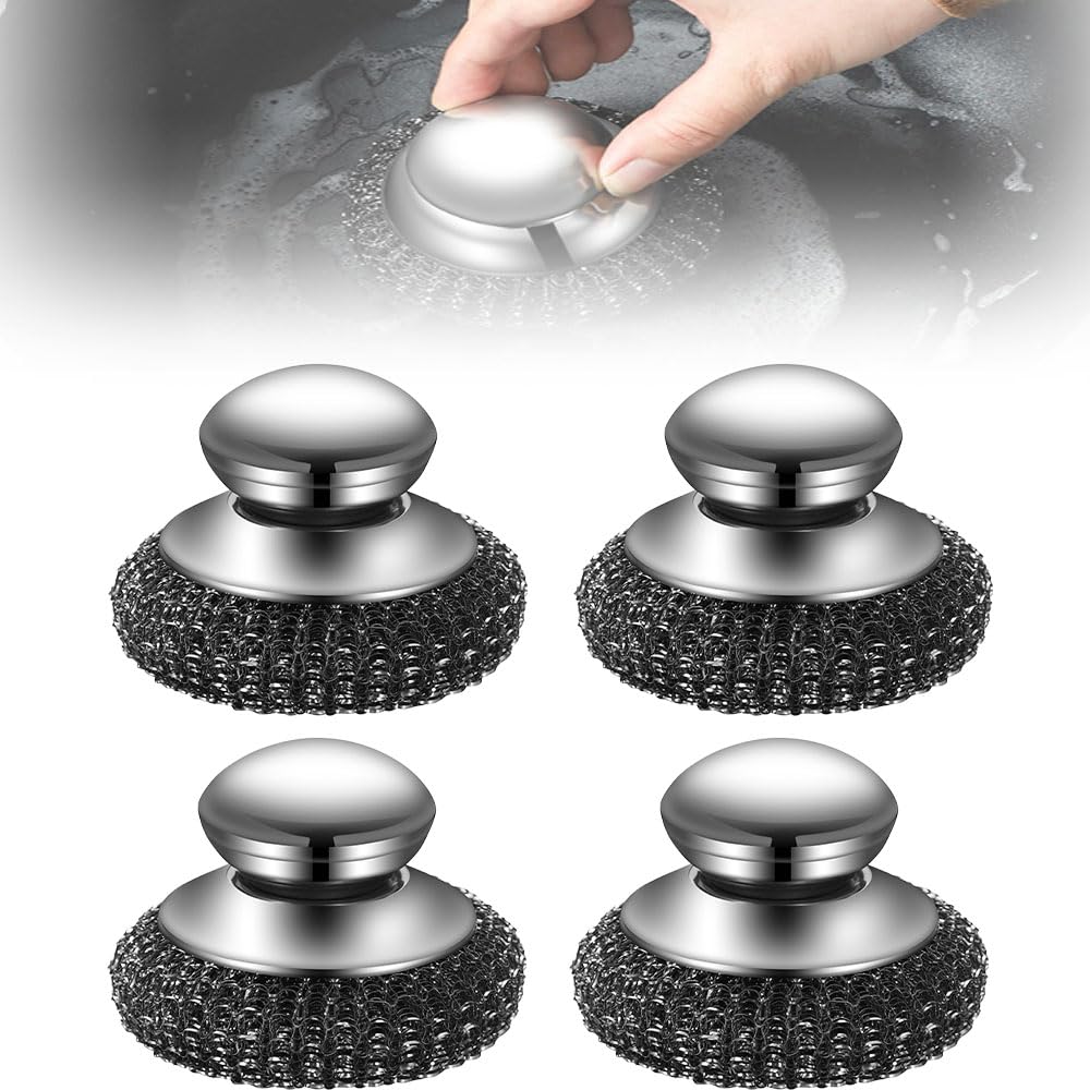 2024 Upgraded Stainless Steel Wool Scrubber with Handle - 4 Pack Detachable Metal Scrub Pads for Pots, Pans, Stoves, Grills & Dishes - Heavy Duty Cleaning Brush for Kitchen, BBQ & Outdoor Cooking