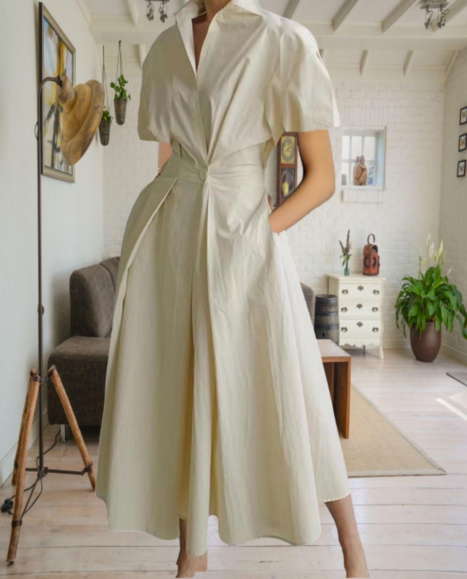 Women's Short Sleeve Cotton Maxi Dress with Empire Waist - Beige Summer Shirt Dress for Beach, Vacation & Casual Wear
