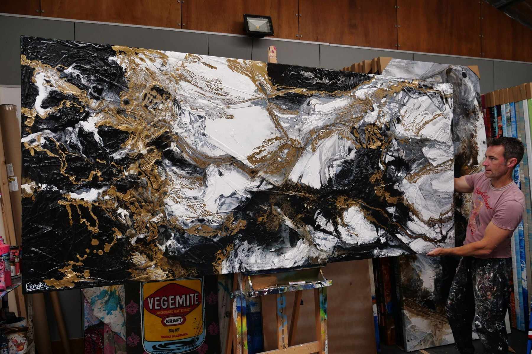 Pay Me In Gold 270cm x 120cm Gold White Black Textured Abstract Canvas Wall Art - Modern Large Painting for Living Room, Bedroom & Office Decor
