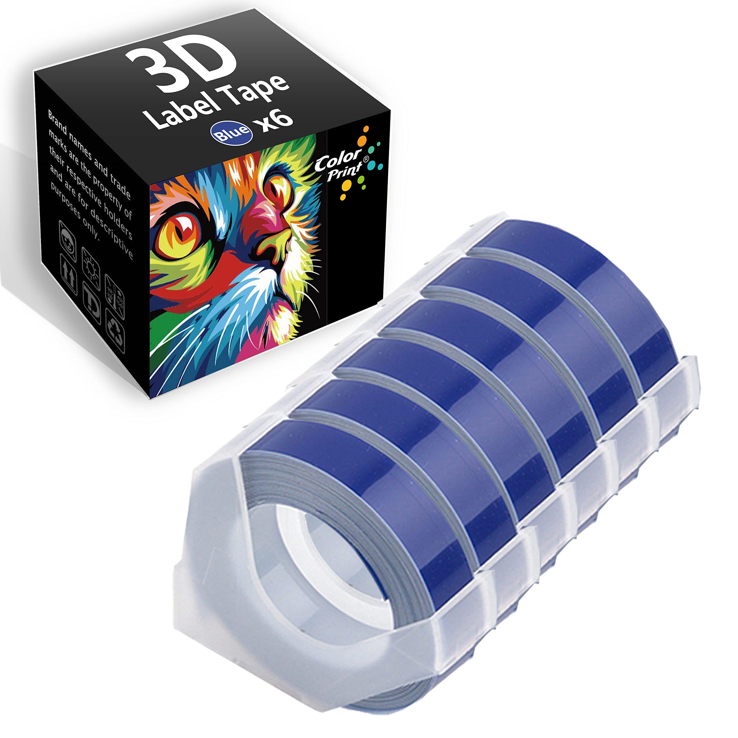 6-Pack Blue Dymo 3D Embossing Label Tape Refills - Compatible with Organizer Xpress Pro, Motex, Omega Home, Junior Embosser & Office-Mate II Label Makers - Perfect for Home, Office & Craft Organization