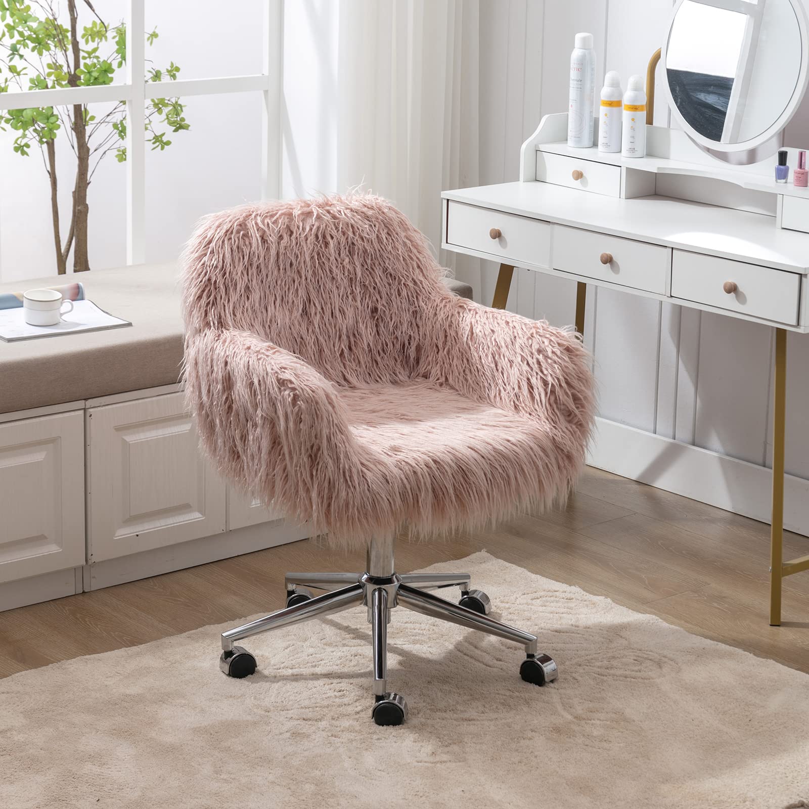 Luxury Faux Fur Swivel Chair with Padded Seat - Modern Adjustable Height Vanity Accent Chair for Living Room, Bedroom & Home Office - Soft Pink Makeup Chair for Women's Dressing Room & Beauty Salon
