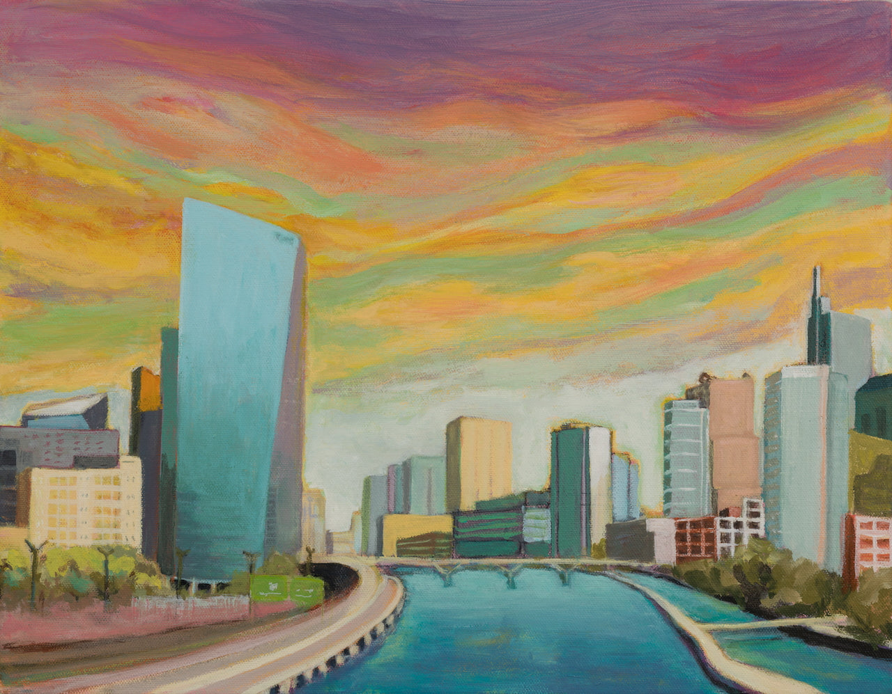 Pia De Girolamo Center City with Glowing Sky Canvas Wall Art - Modern Cityscape Painting for Living Room, Bedroom & Office Decor