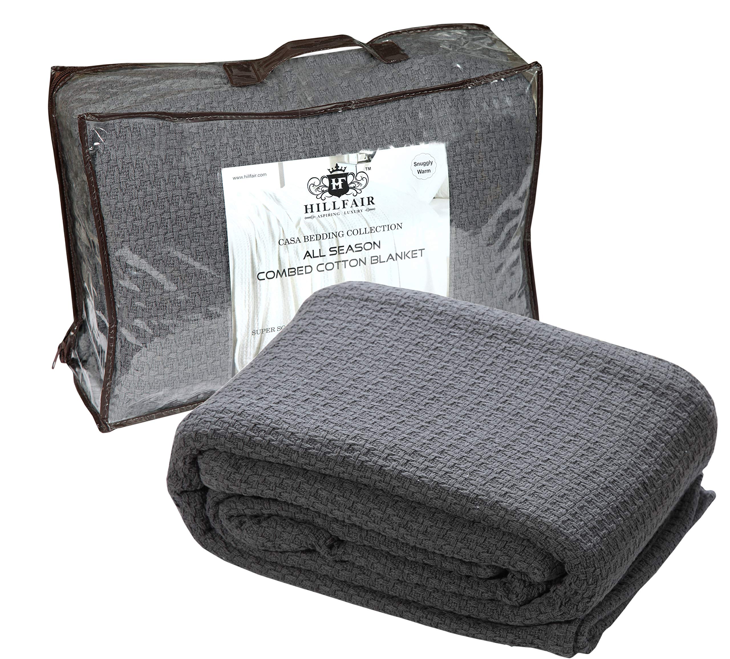 HILLFAIR 100% Premium Soft Combed Cotton Thermal Blanket - Twin Size, Ultra Cozy & Warm, All-Season Bed Throw Blanket for Couch, Sofa & Bed - Grey Twin Cotton Blanket for Home, Office & Travel