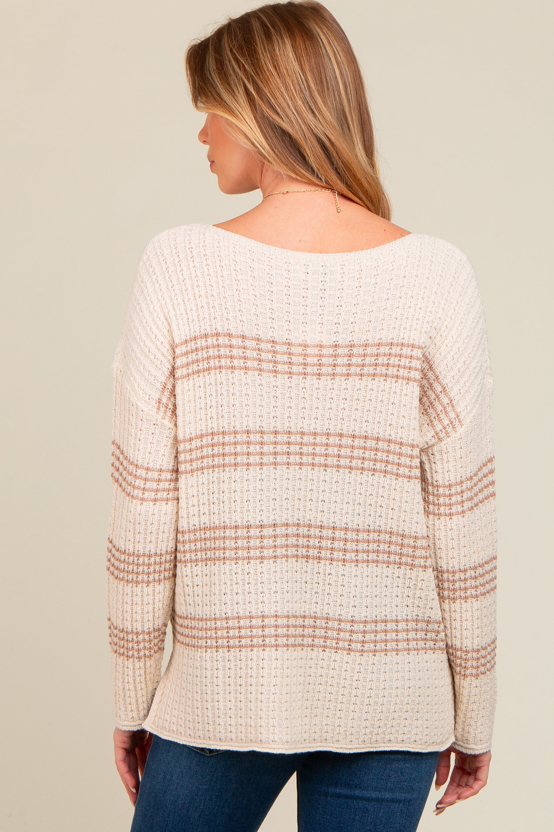 Beige Striped Waffle Knit Maternity Sweater for Women - Soft & Stretchy Pregnancy Top - Cozy Nursing Sweater for Fall & Winter - Perfect for Maternity Photos, Baby Showers & Casual Outings