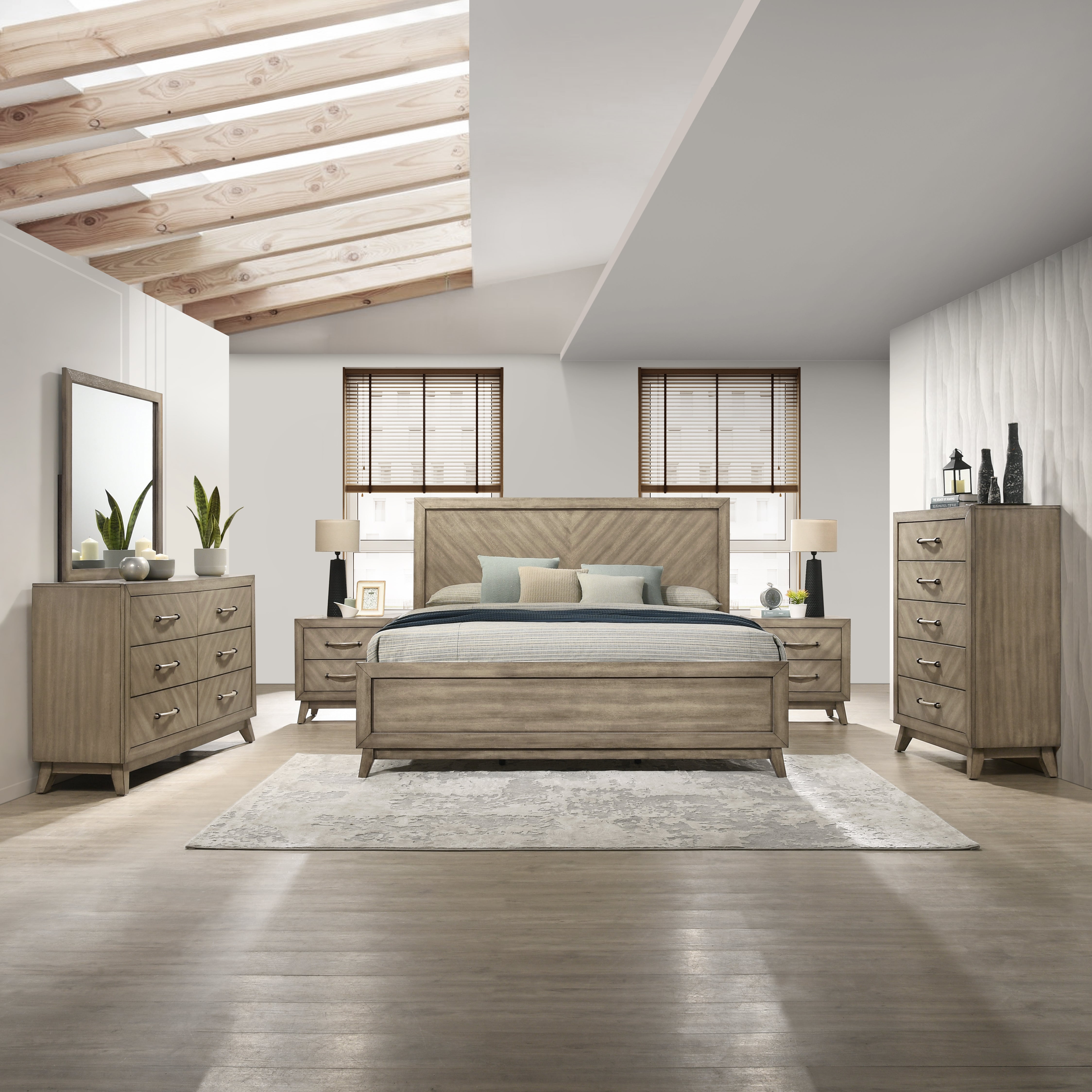 Roundhill Furniture Arena Contemporary Wood Bedroom Set - Queen Size Bed, Nightstand & Dresser in Antique Gray Finish | Modern Farmhouse Bedroom Decor for Master & Guest Rooms