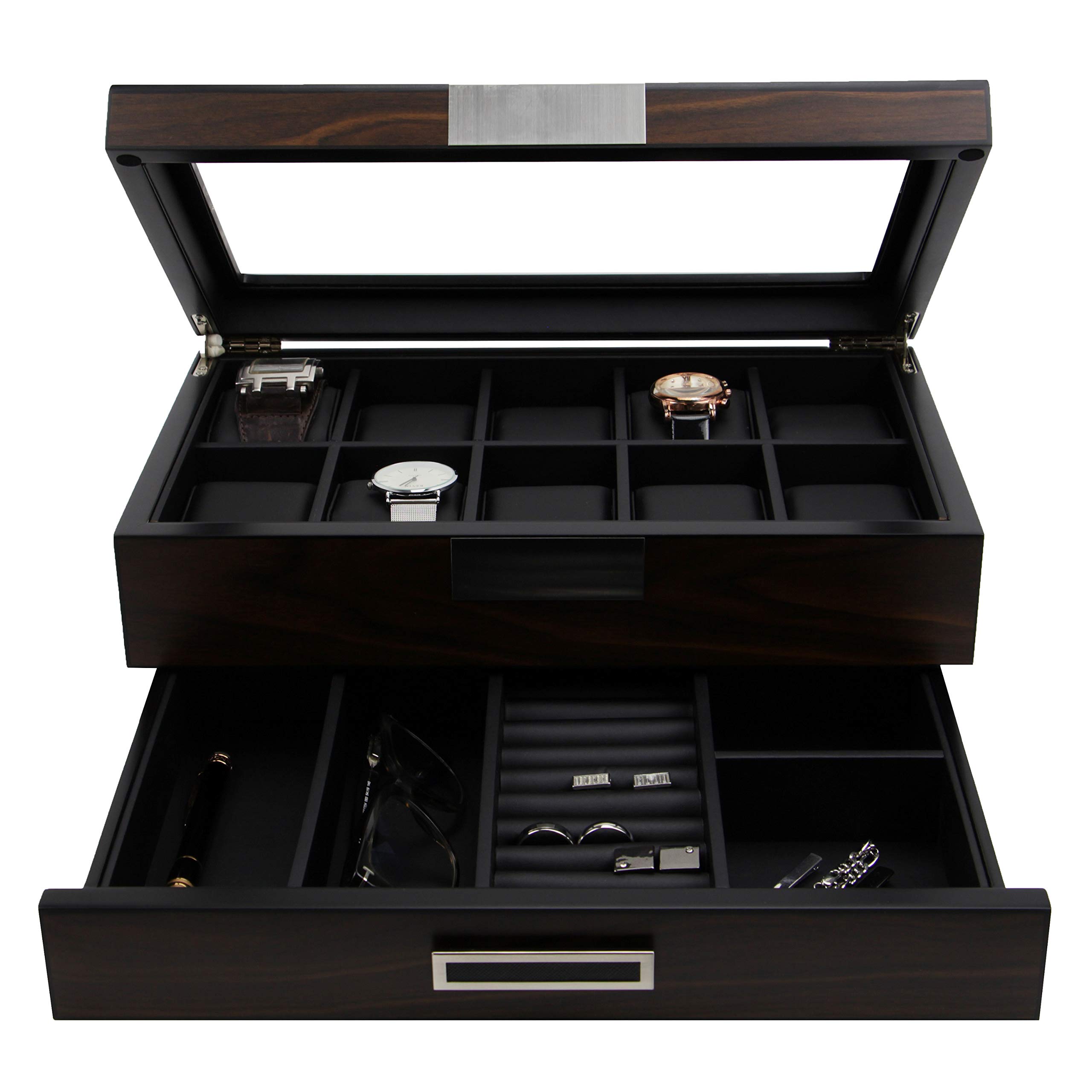 Premium Wooden Watch Box Organizer - Luxury Valet Storage for Watches, Sunglasses & Jewelry (Brown) - Perfect for Home, Office & Travel Accessory Organization