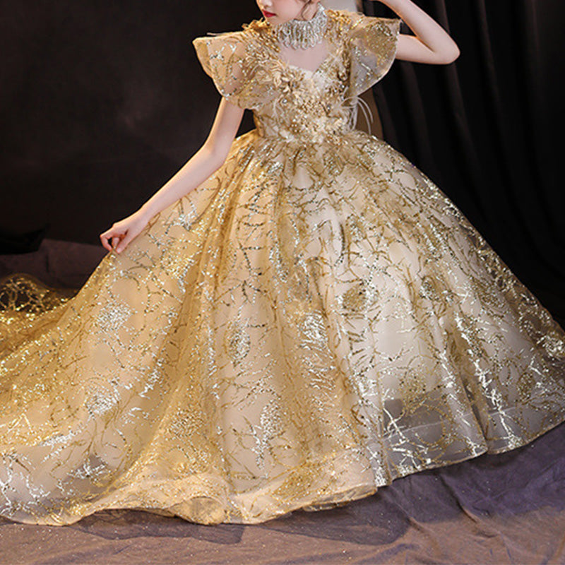 Sparkling Gold Sequin A-Line Flower Girl Dress with Beaded Details & Turtle Cap Sleeves - Perfect for Weddings, Pageants & Special Occasions