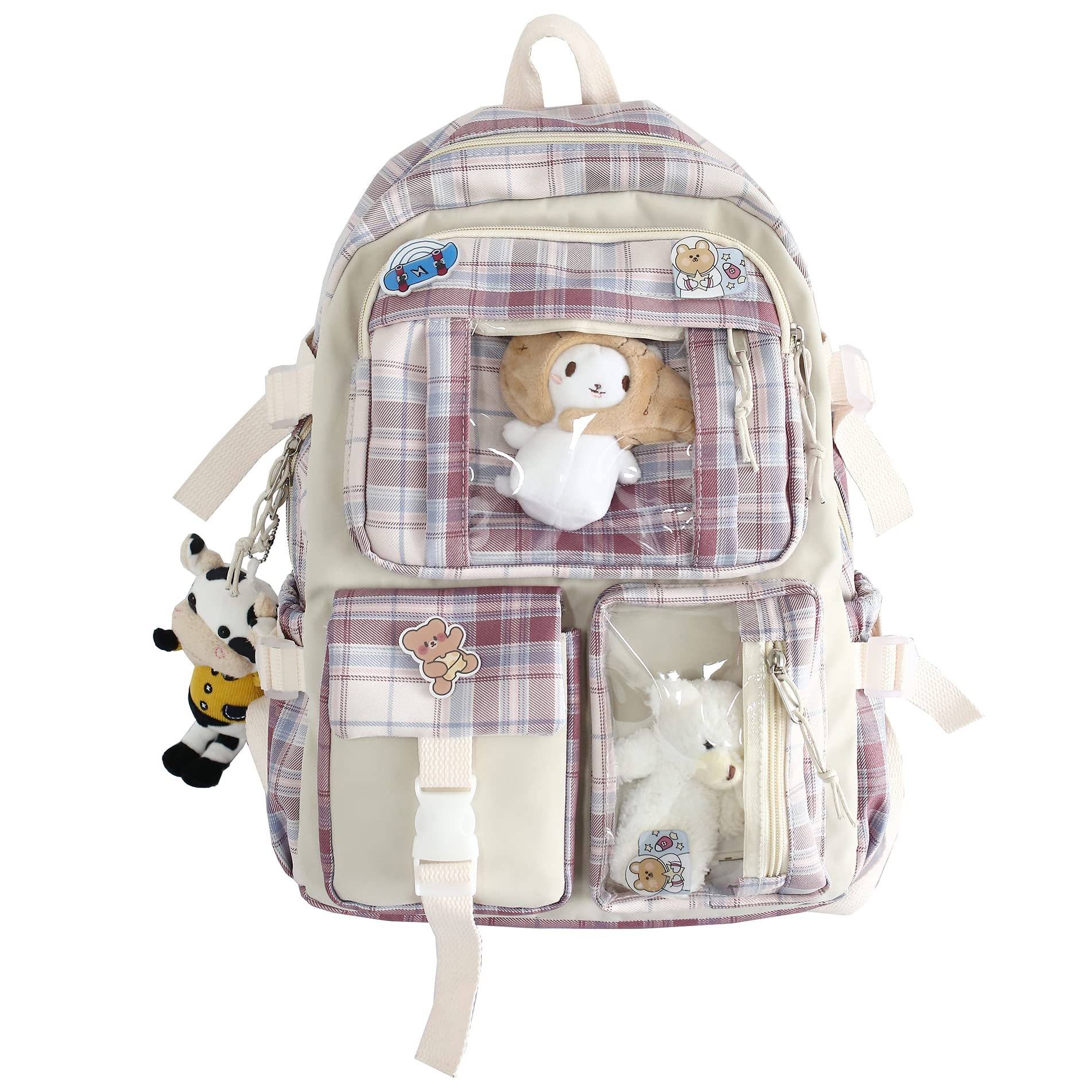 Cute Checkered Kawaii Backpack with Pins for School & Travel