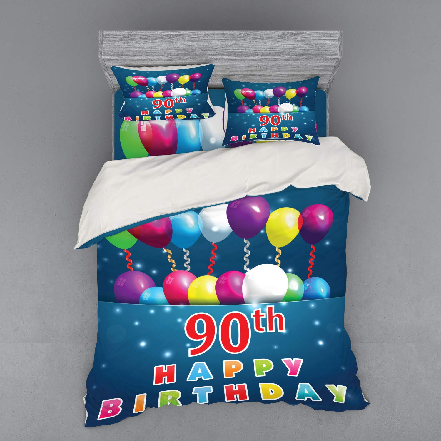 Ambesonne 90th Birthday Bedding Set - 4 Piece Duvet Cover with Shams & Fitted Sheet, Queen Size, Colorful Balloons & Swirls Design for 90th Birthday Party Decorations - Perfect Gift for Grandparents Anniversary Celebration