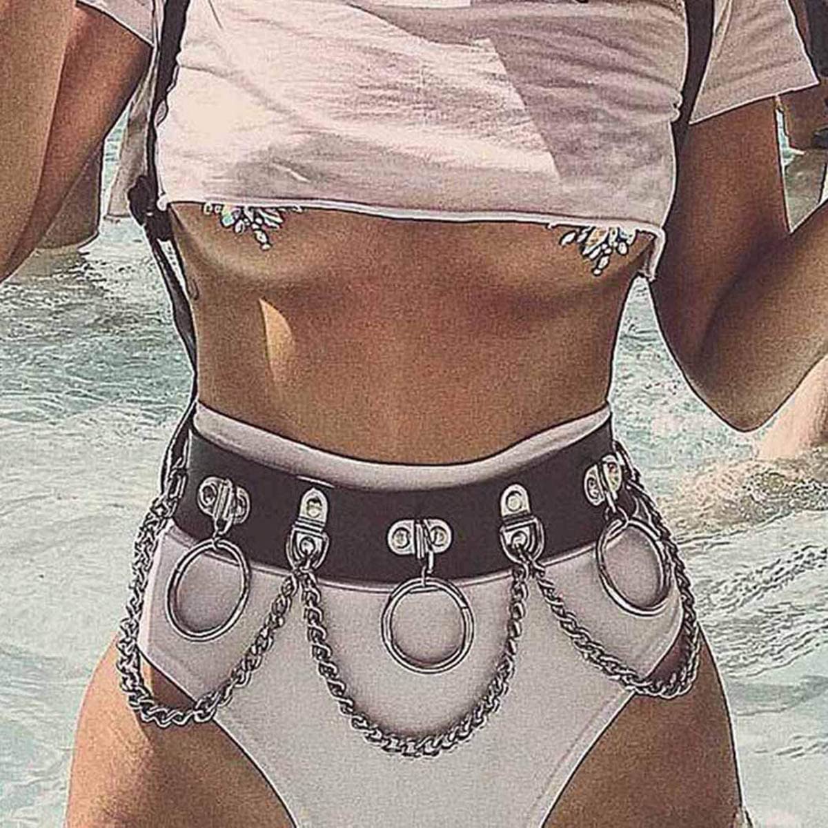 Punk Leather Waist Chain Belt - Black Gothic Belly Body Chains for Women & Girls | Rave, Nightclub, Party Body Jewelry Accessories | Perfect for Music Festivals, Halloween & Biker Fashion