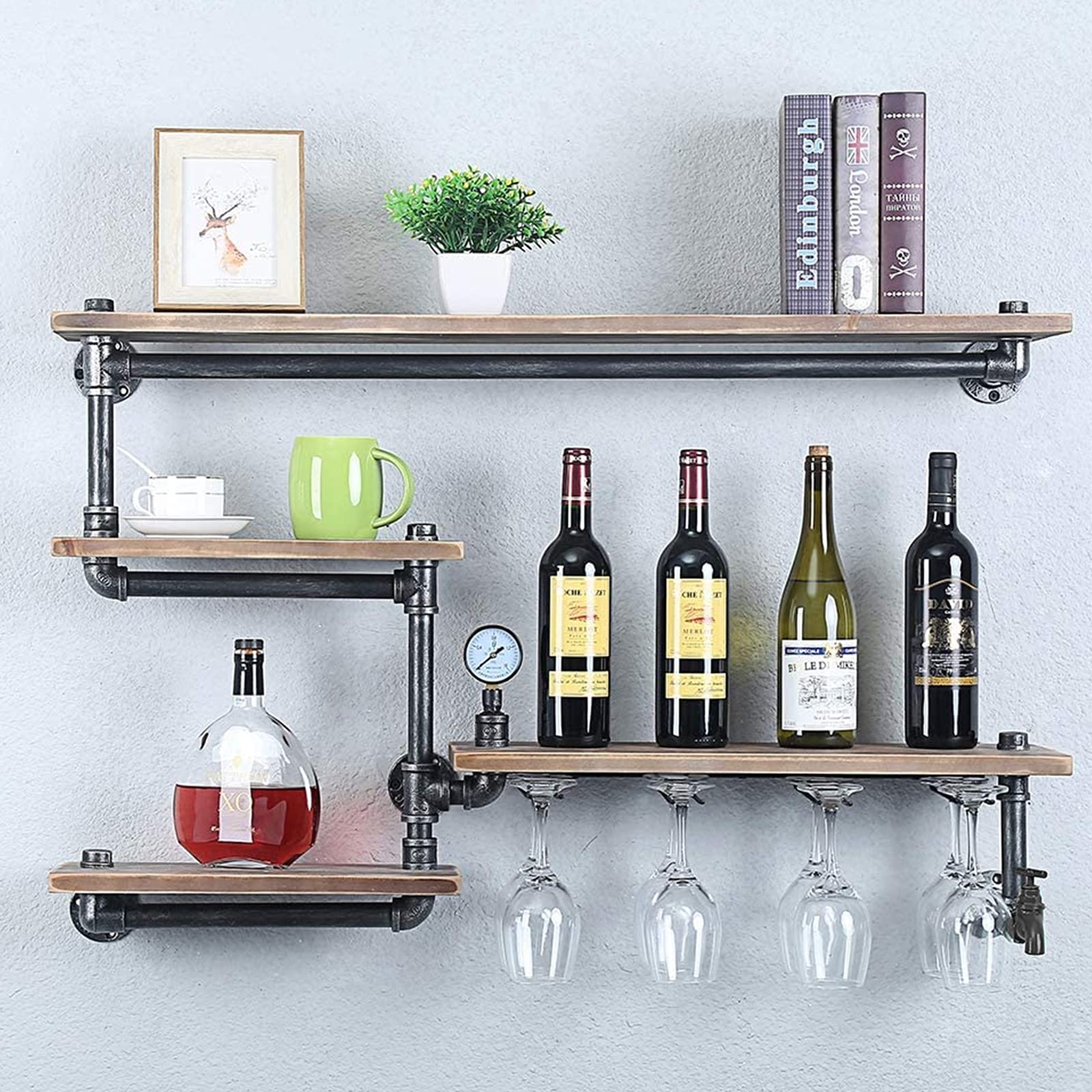 LOYALHEARTDY Industrial Pipe Shelf Wine Rack with 4 Stem Glass Holder - Rustic Metal Floating Bar Shelves Wall Mounted - Steampunk Pipe Shelving for Kitchen, Dining Room & Bar Decor (39.37x7.87x27.76 Inch)