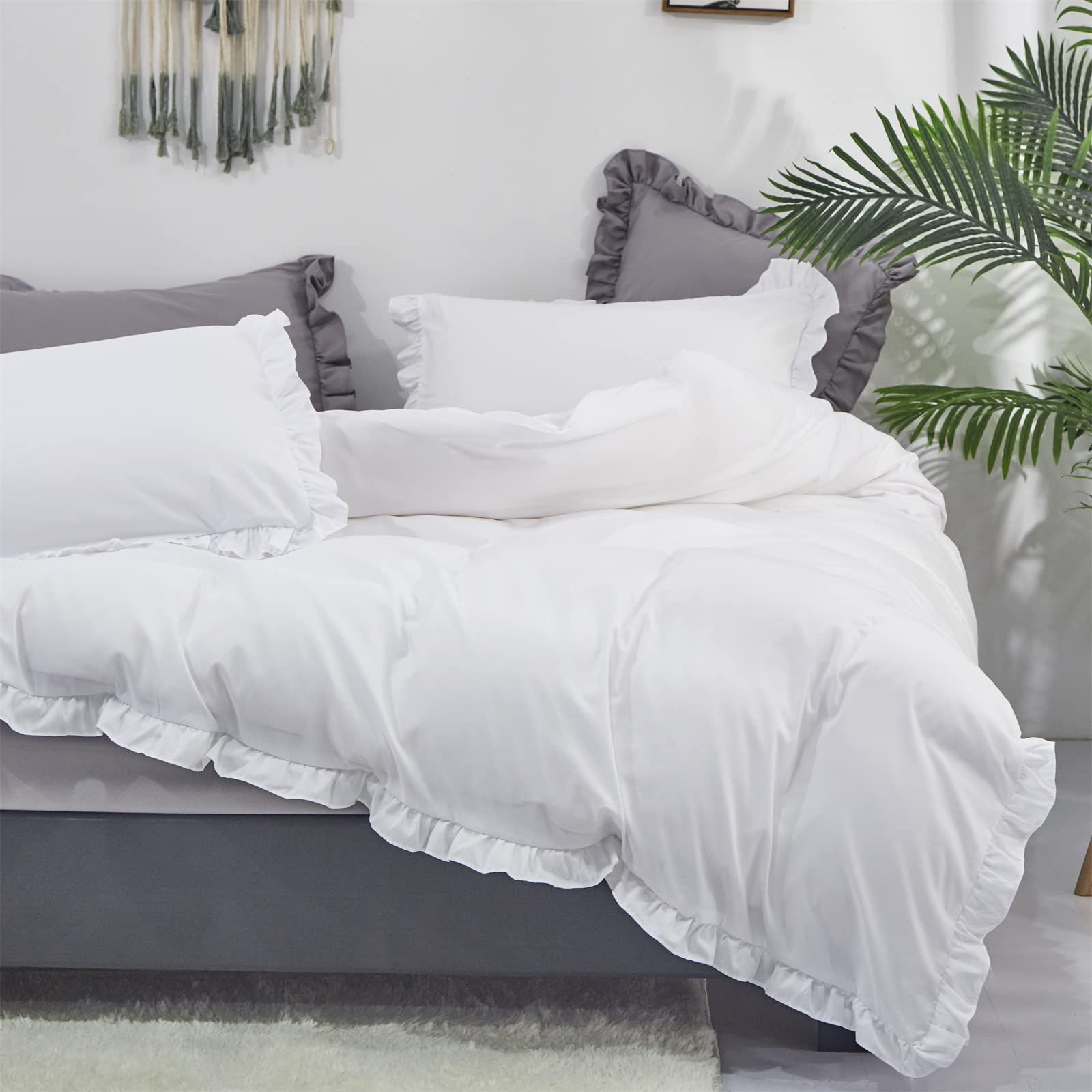 King Cotton Comforter Set - White Ruffled Boho Bedding for Farmhouse Style