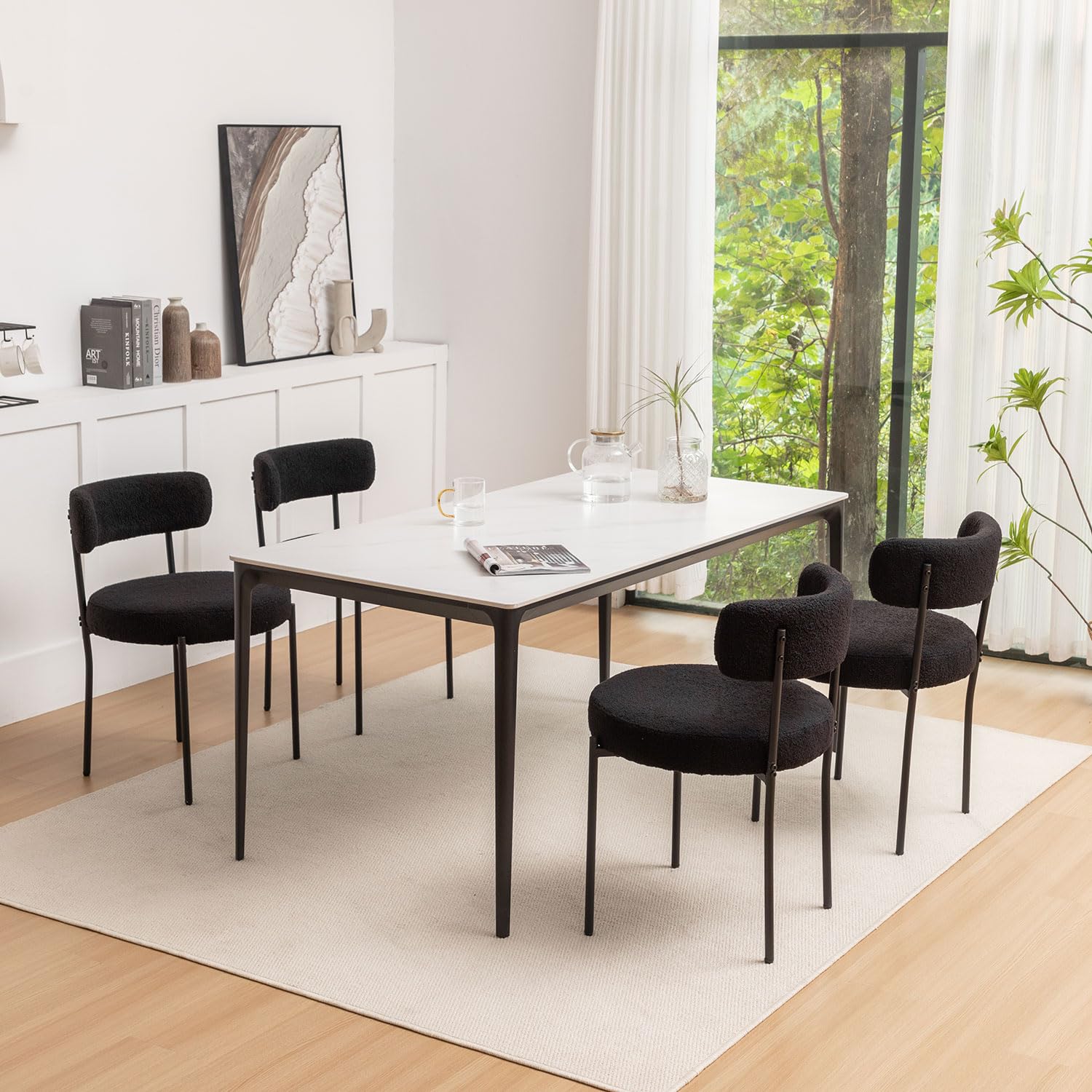 Boucle Dining Chairs Set of 4 - Round Upholstered Modern Chairs with Black Metal Legs for Dining Room, Kitchen, Living Room, Office, and Small Spaces (Black)
