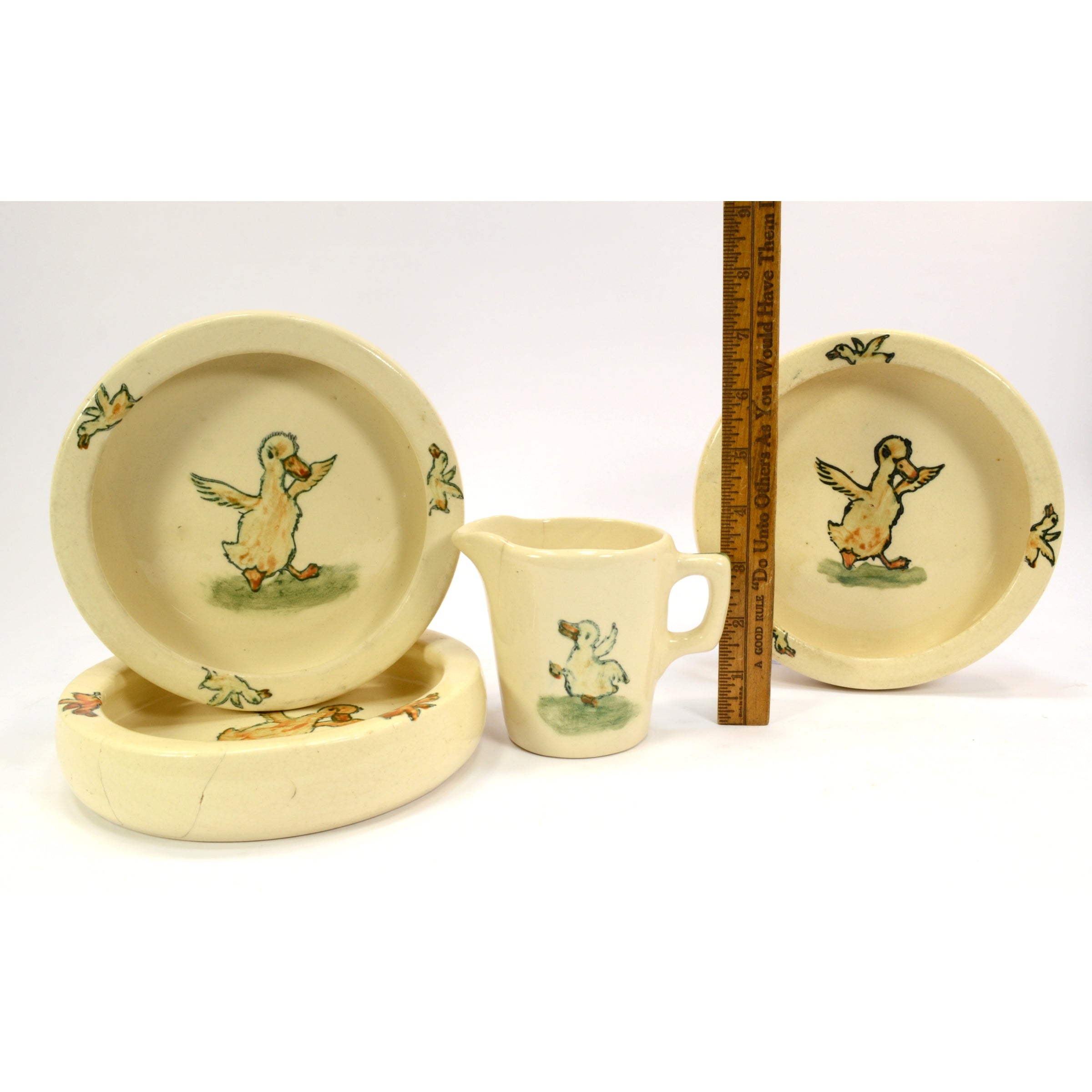 Vintage Weller Pottery Zona Duck Set of 4 Bowls & Cup - Antique Baby Dishes from 1920s - Perfect for Nursery Decor, Collectible Ceramic Tableware, and Vintage Kitchen Display