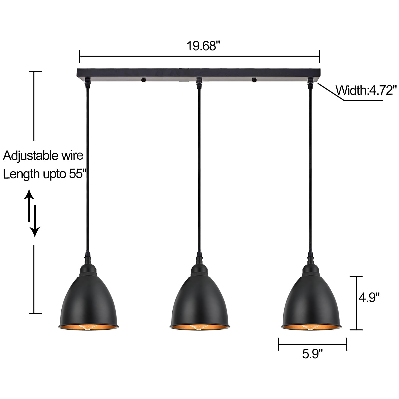 Terleenart 3-Light Industrial Farmhouse Kitchen Island Pendant Light - Matt Black Metal Bell Shade with Golden Accents, Hanging Chandelier for Dining Room, Table, Staircase & Hallway | Perfect for Modern Farmhouse Decor & Kitchen Lighting