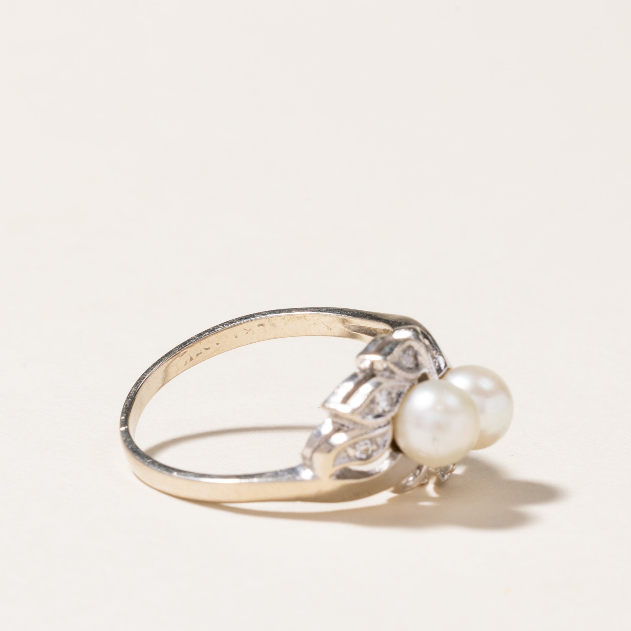 Elegant Pearl & Diamond Leaf Design Ring - 5.30mm, 0.03ctw, Size 7 | Perfect for Weddings, Anniversaries & Special Occasions