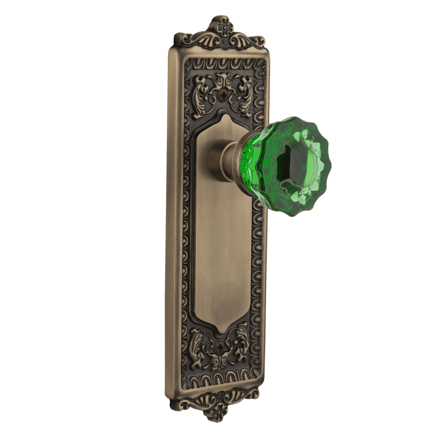 Antique Brass Egg & Dart Long Plate with Emerald Crystal Knob - Elegant Cabinet Hardware for Vintage Kitchen & Bathroom Decor