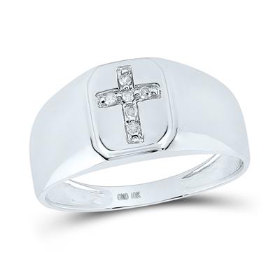 10K Gold Men's Diamond Cross Band Ring - 1/20 CTTW Genuine Diamond Wedding Ring for Men, Religious Jewelry Gift for Baptism, Confirmation & Anniversary