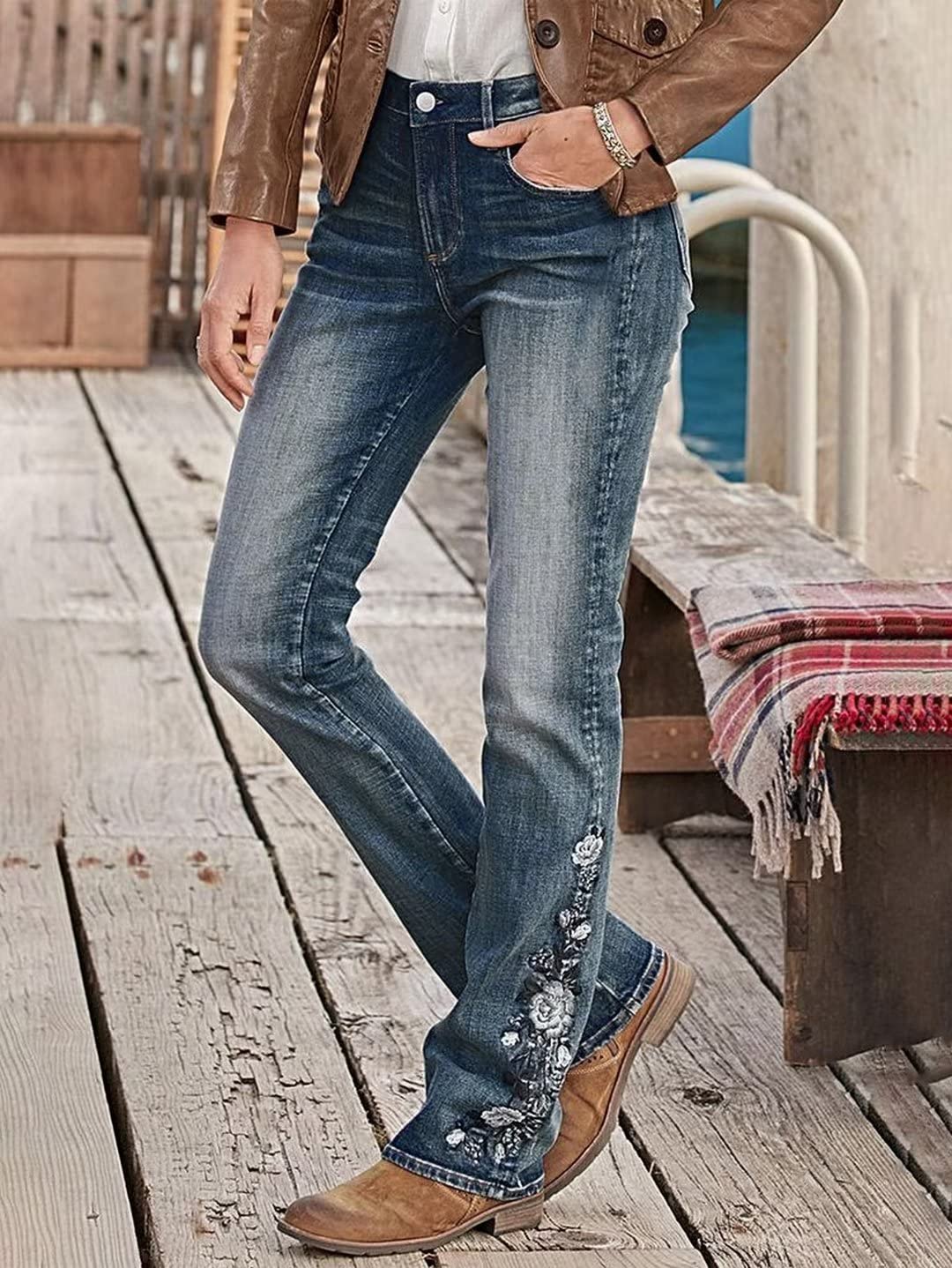 Flamingals Women's Floral Embroidery Bootcut Jeans - Mid Waist High Stretch Denim Pants with Pockets | Casual Wear, Office Outfits & Date Night Fashion
