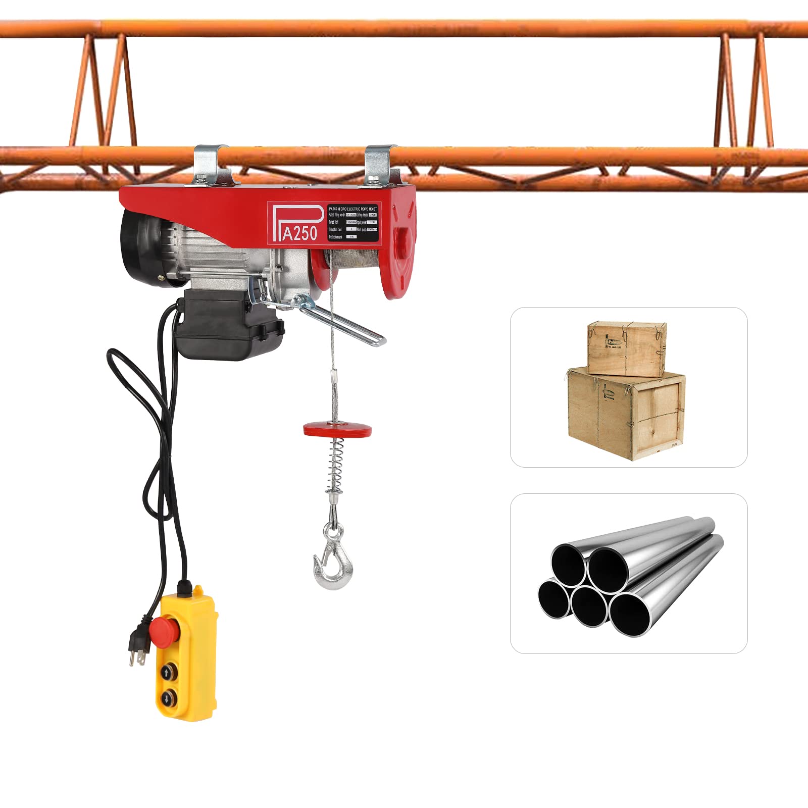 551lbs Electric Hoist 110V - Heavy Duty Electric Winch with Wired Remote Control & Single/Double Slings - Garage Lift Hoist for Factories, Warehouses, Construction Sites - Perfect for Lifting Equipment, Building Materials, and Vehicle Maintenance