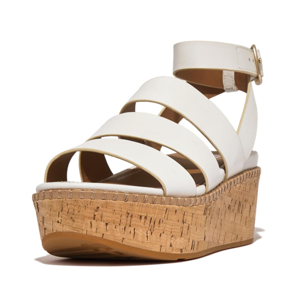 FitFlop Women's Eloise Leather & Cork Strappy Wedge Sandals - Comfortable & Stylish Summer Shoes for Walking, Travel & Casual Outfits