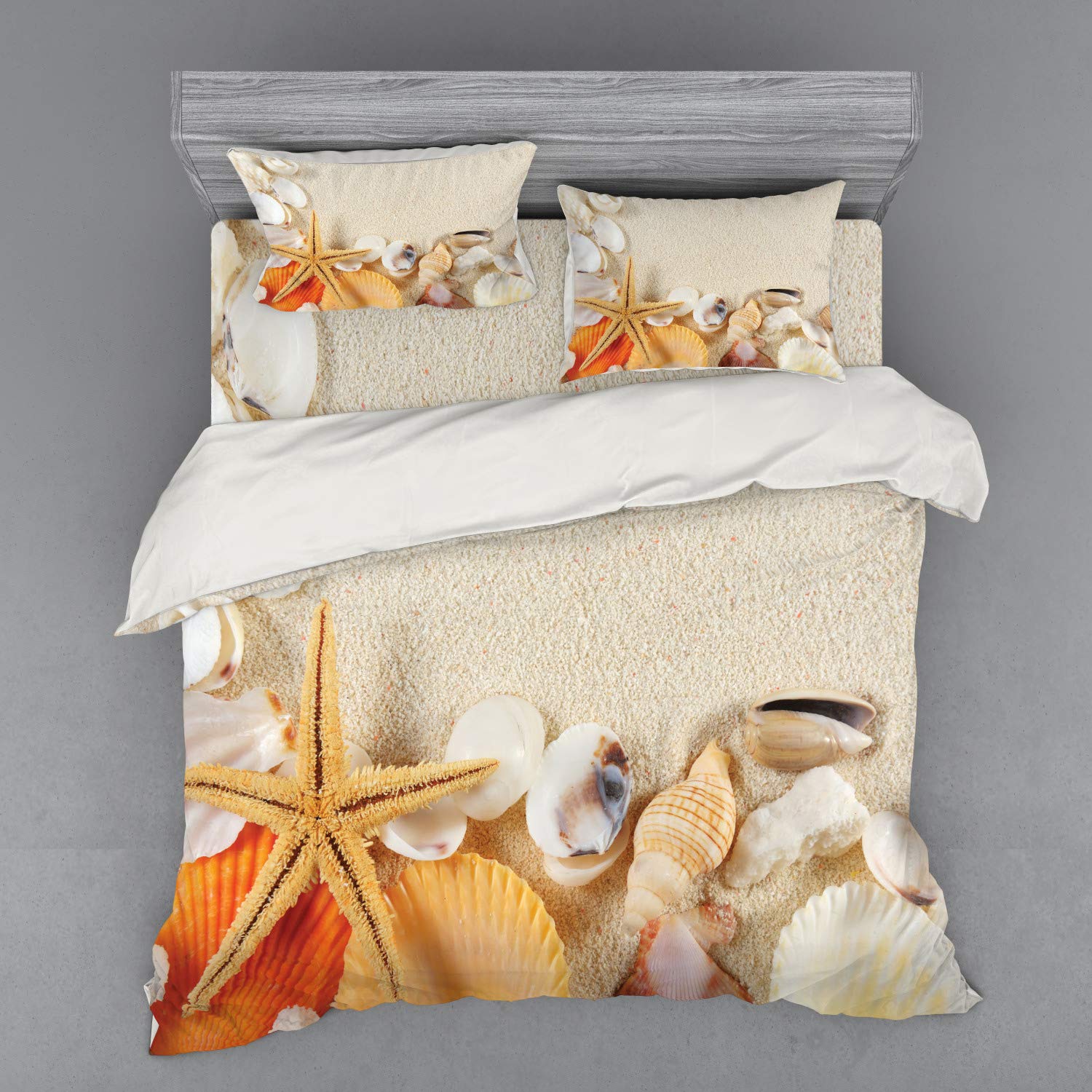 Ambesonne Seashells Duvet Cover Set - 4 Piece King Size Bedding with Shams & Fitted Sheet, Beige Ivory Cream - Coastal Decor for Beach House, Guest Room & Vacation Homes - Starfish & Seashells Ocean Theme