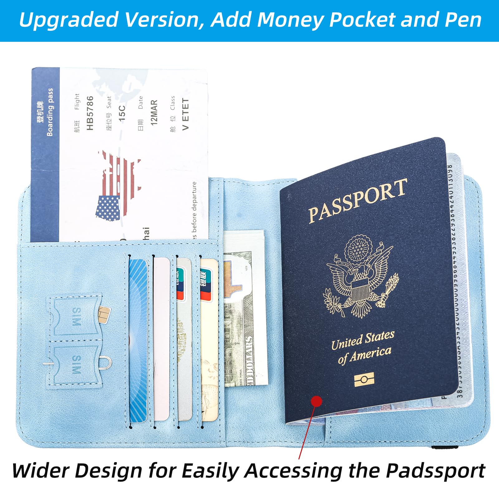 Premium RFID Blocking Passport Holder & Travel Wallet - Secure Leather Cover for Men & Women - Light Blue - Ideal for Airports, Business Trips & International Travel