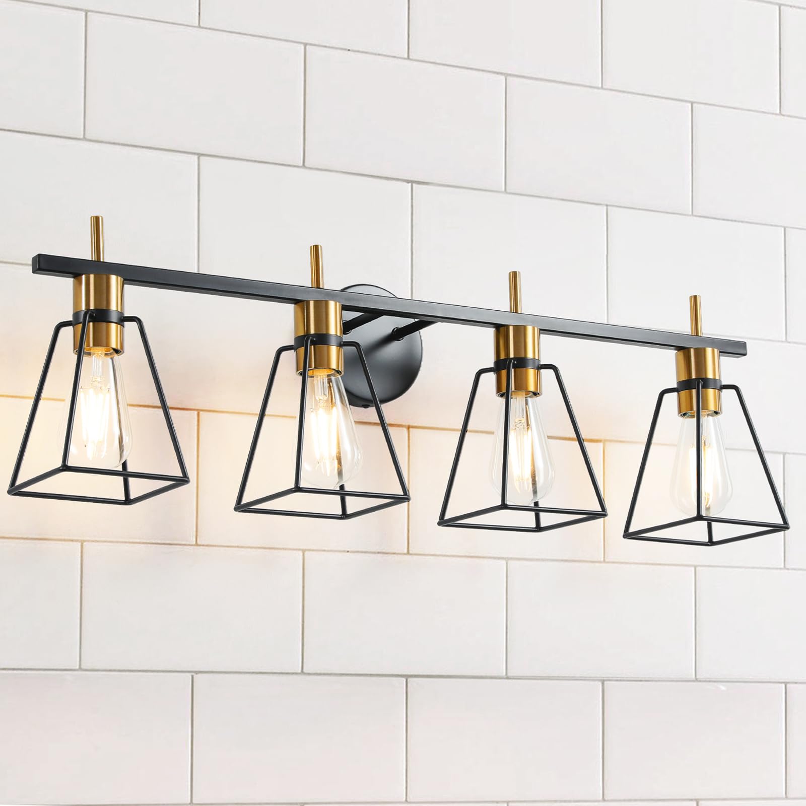 Vintage Industrial Bathroom Vanity Lights - 4 Light Black and Gold Metal Cage Wall Sconce, Rustic Farmhouse Lighting Fixture for Mirror, Bedroom, Living Room - Perfect for Bathroom Makeover & Home Decor
